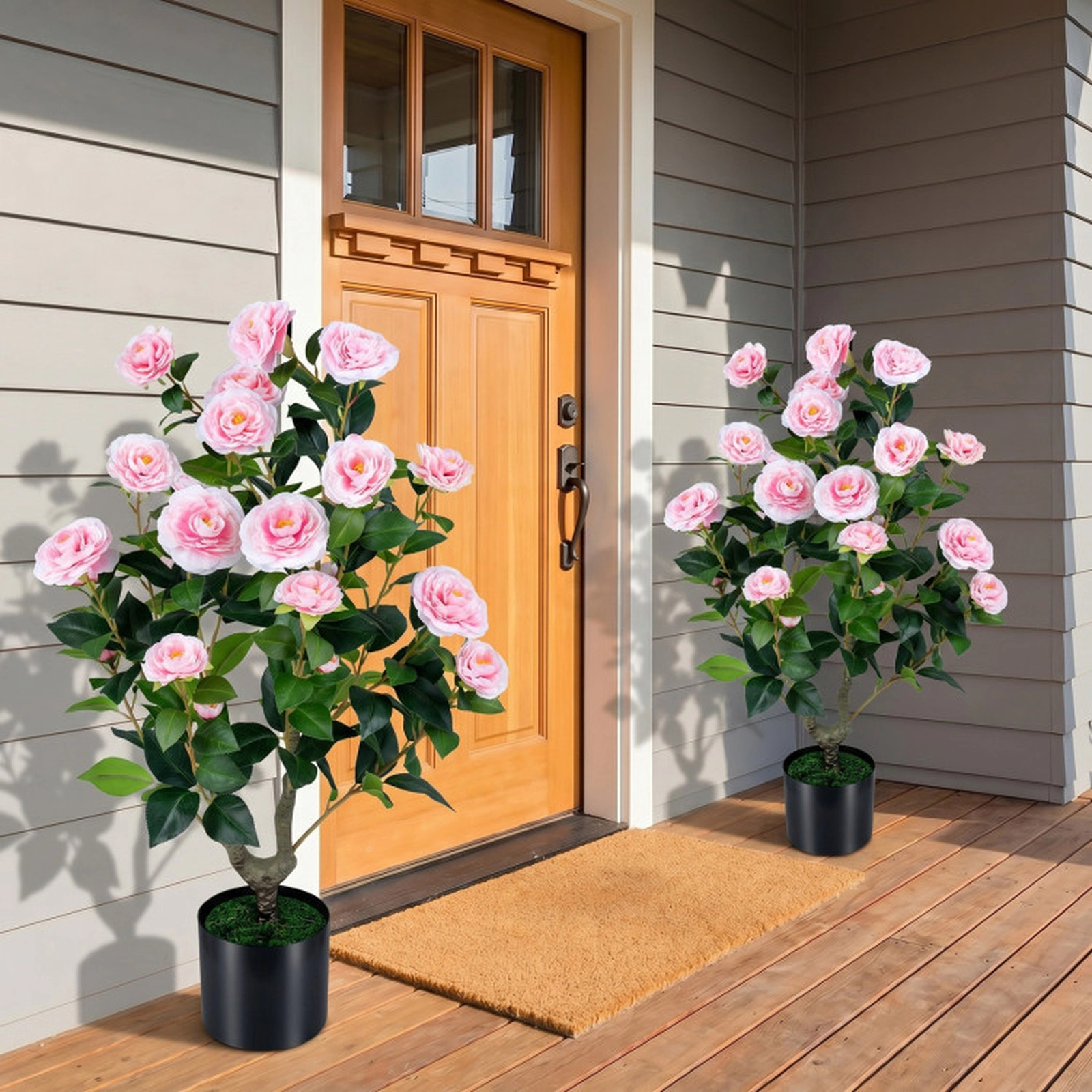 SUGIFT Set of 2 35.5-in 24 Blossoms 174 Leaves Artificial Camellia Trees 6-in x 5-in Cement Pot 15-lb Pink