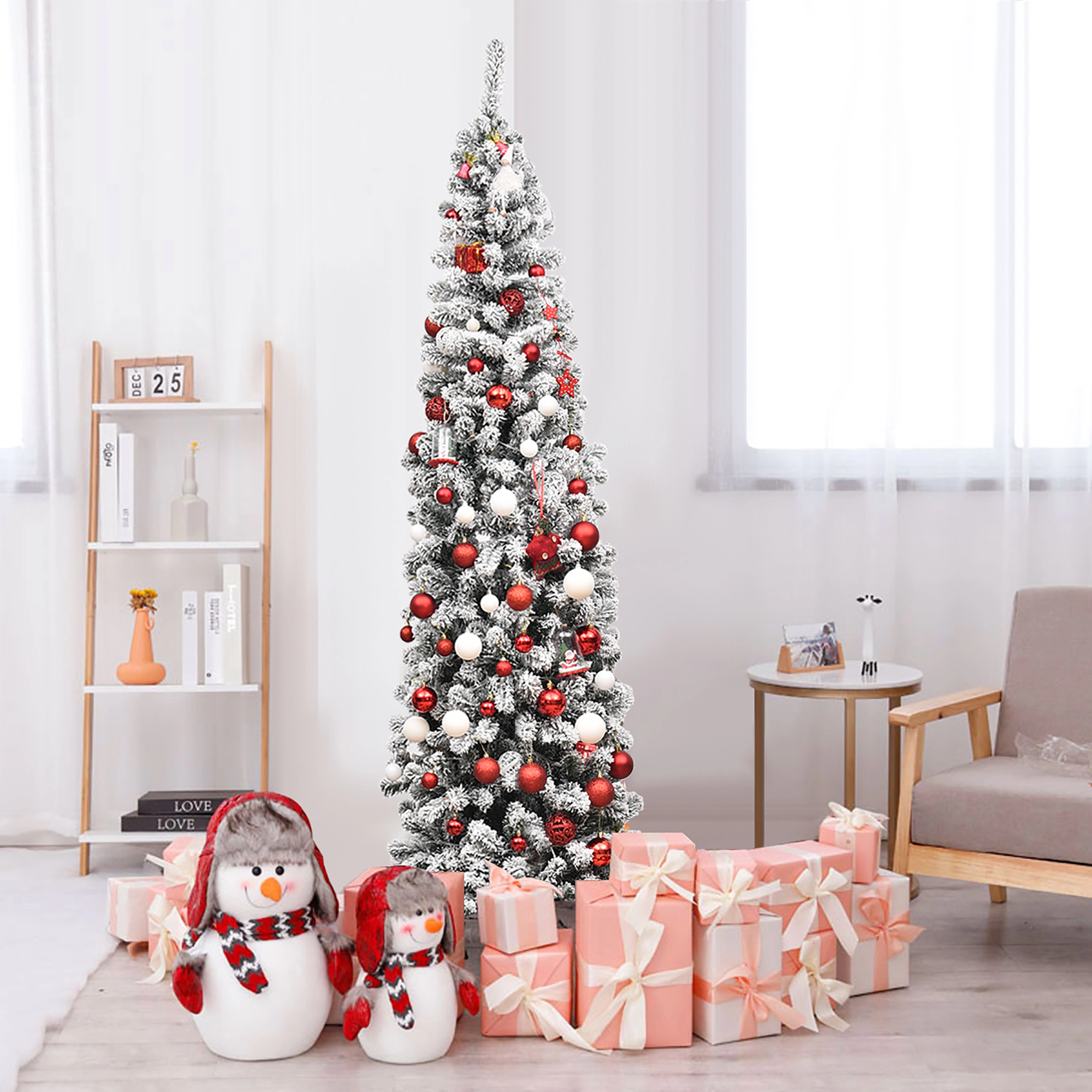 Costway 4.5/6/7.5 Ft Pre-lit Snow Flocked Artificial Pencil Christmas Pine Tree