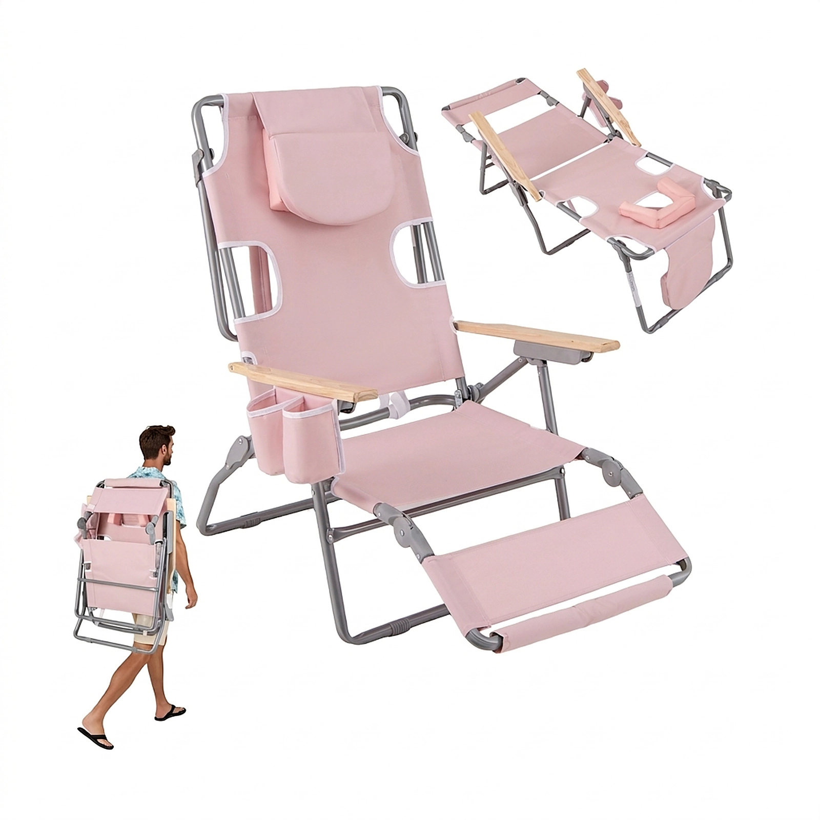 SUGIFT Pink 3-in-1 Folding Beach Chair with Footrest, Reclining Backrest and Face Hole