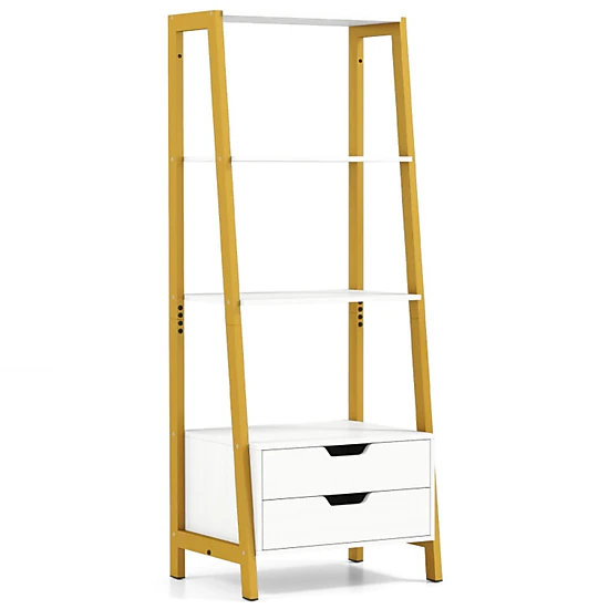SUGIFT 4-Tier Ladder Shelf with 2 Drawers Freestanding Bookcase 200-lb Total Capacity 40-lb Shelves 20-lb Drawers White