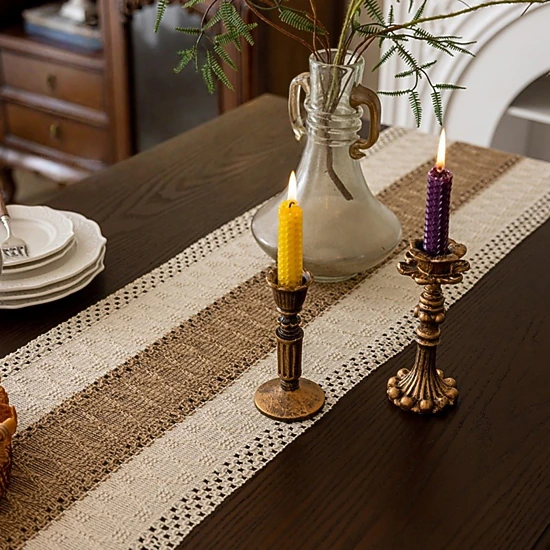 Alilang Women Textured Woven Table Runner with Fringe Trim and Neutral Stripe Pattern 47x11.8 in