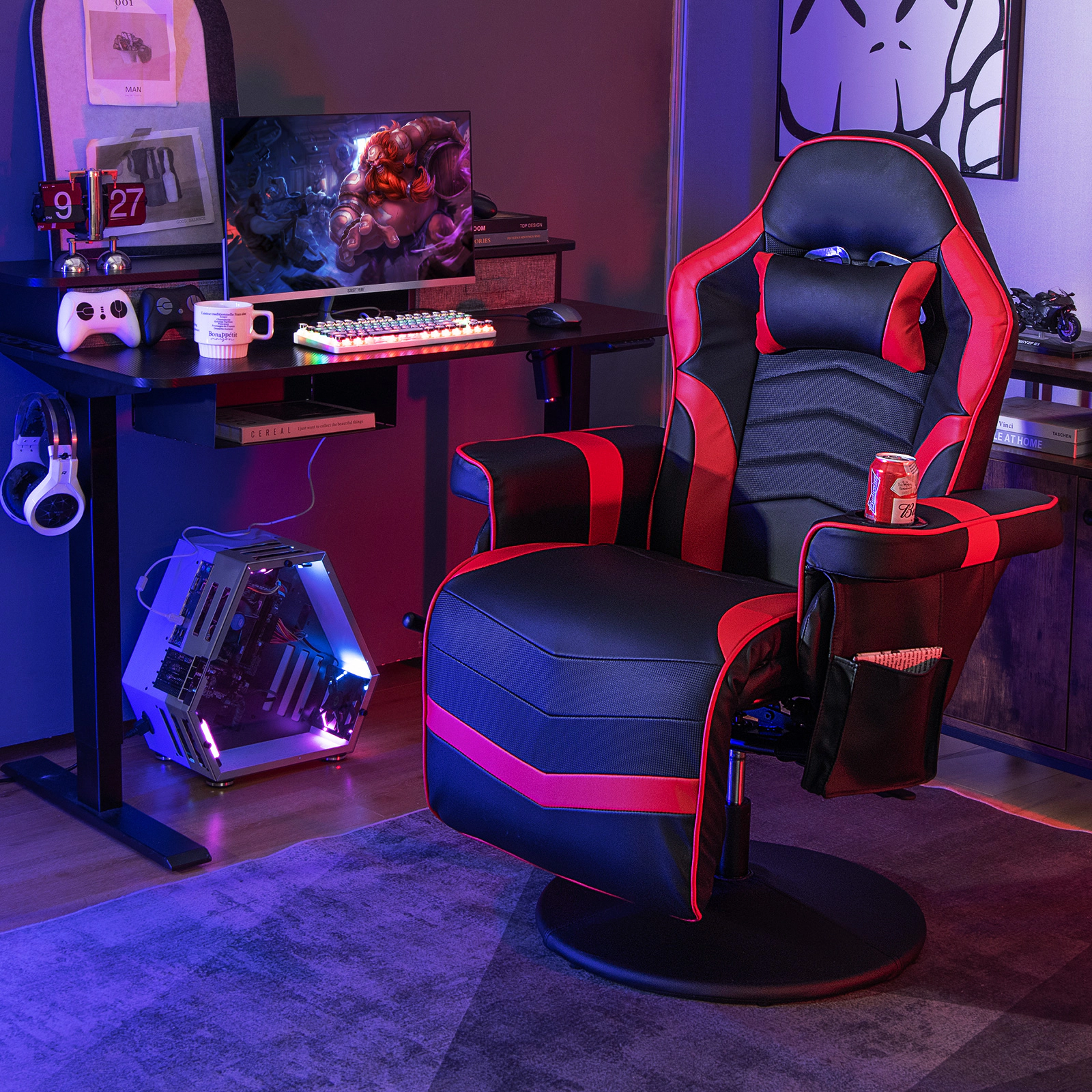 SUGIFT Massage Video Gaming Recliner Chair with Adjustable Height and Swivel Base 352-lb Capacity 31.5-in Wide Seat Red