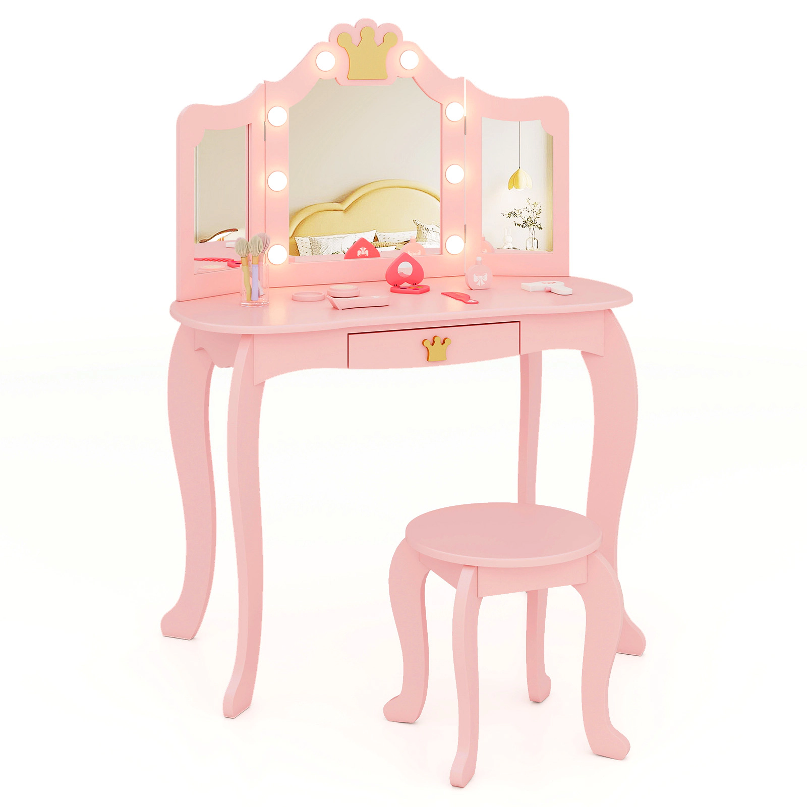 SUGIFT Pink Kids Vanity Set with Tri-Fold LED Mirror, Stool and Detachable Desk