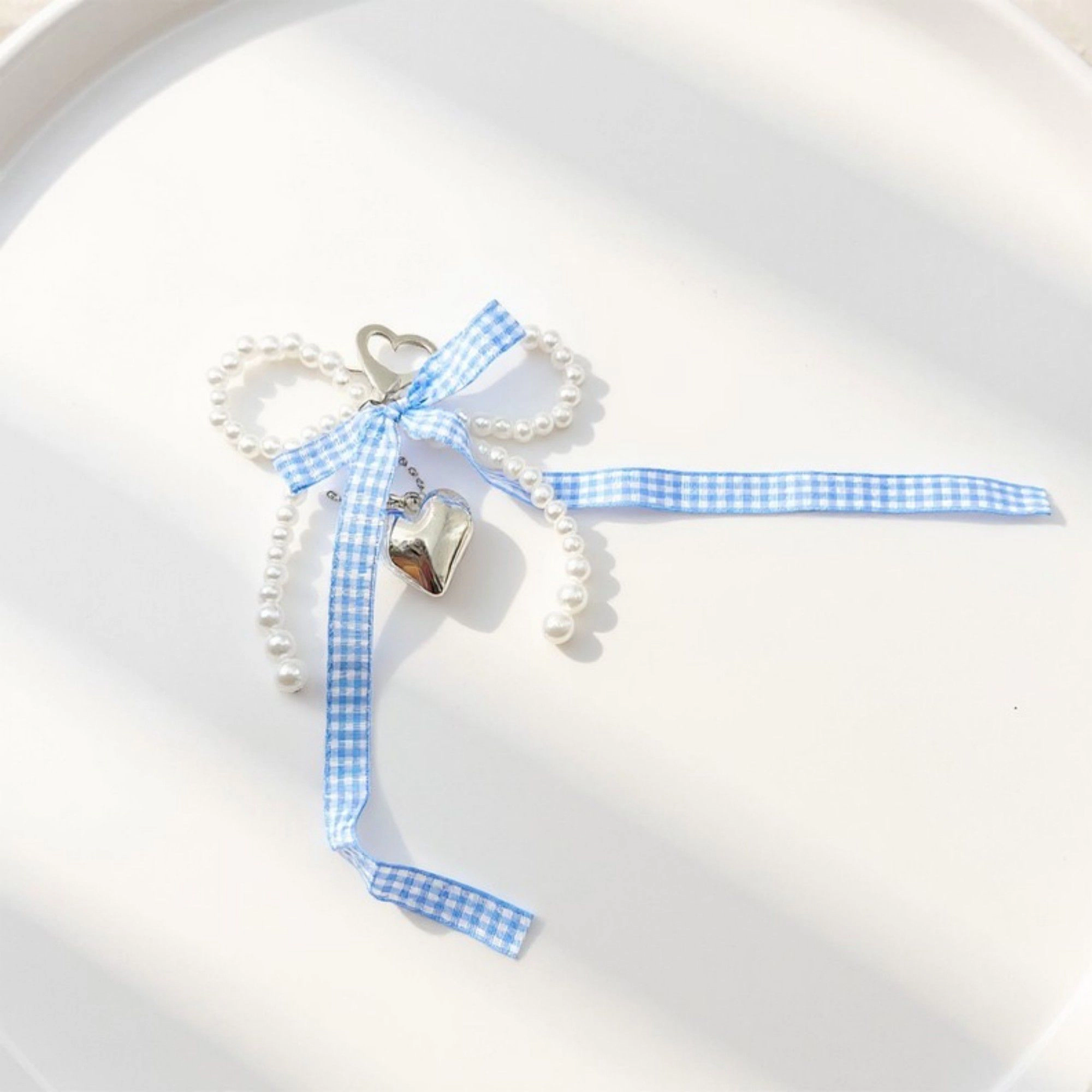 Alilang Women's Ribbon Pearl Bow Keychain with Silver Heart Charm and Gingham Accent