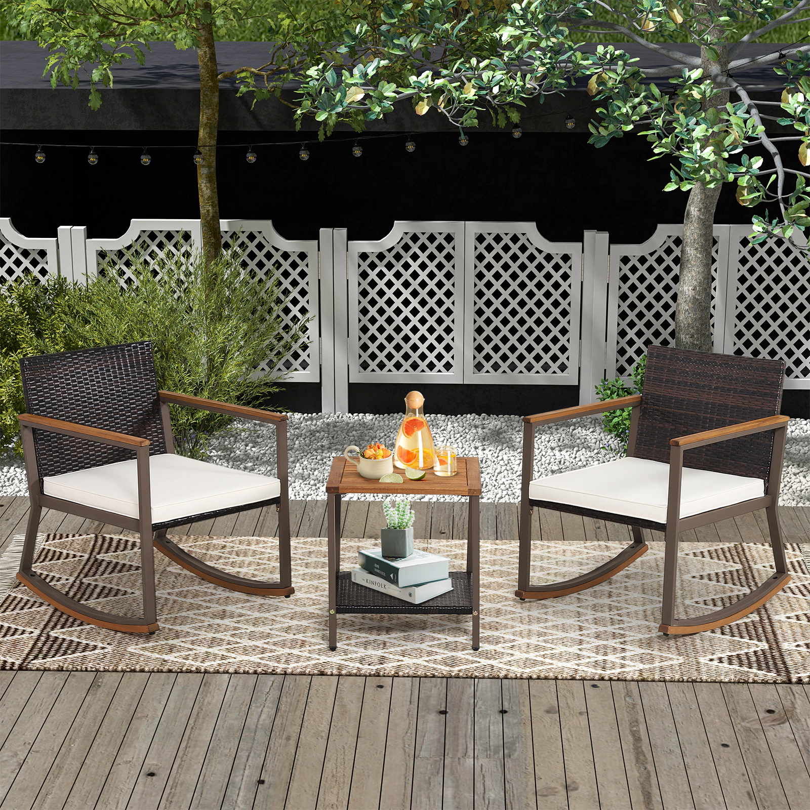SUGIFT 3-Piece Off White Rattan Rocking Bistro Set with 2 Chairs and 2-Tier Acacia Wood Table