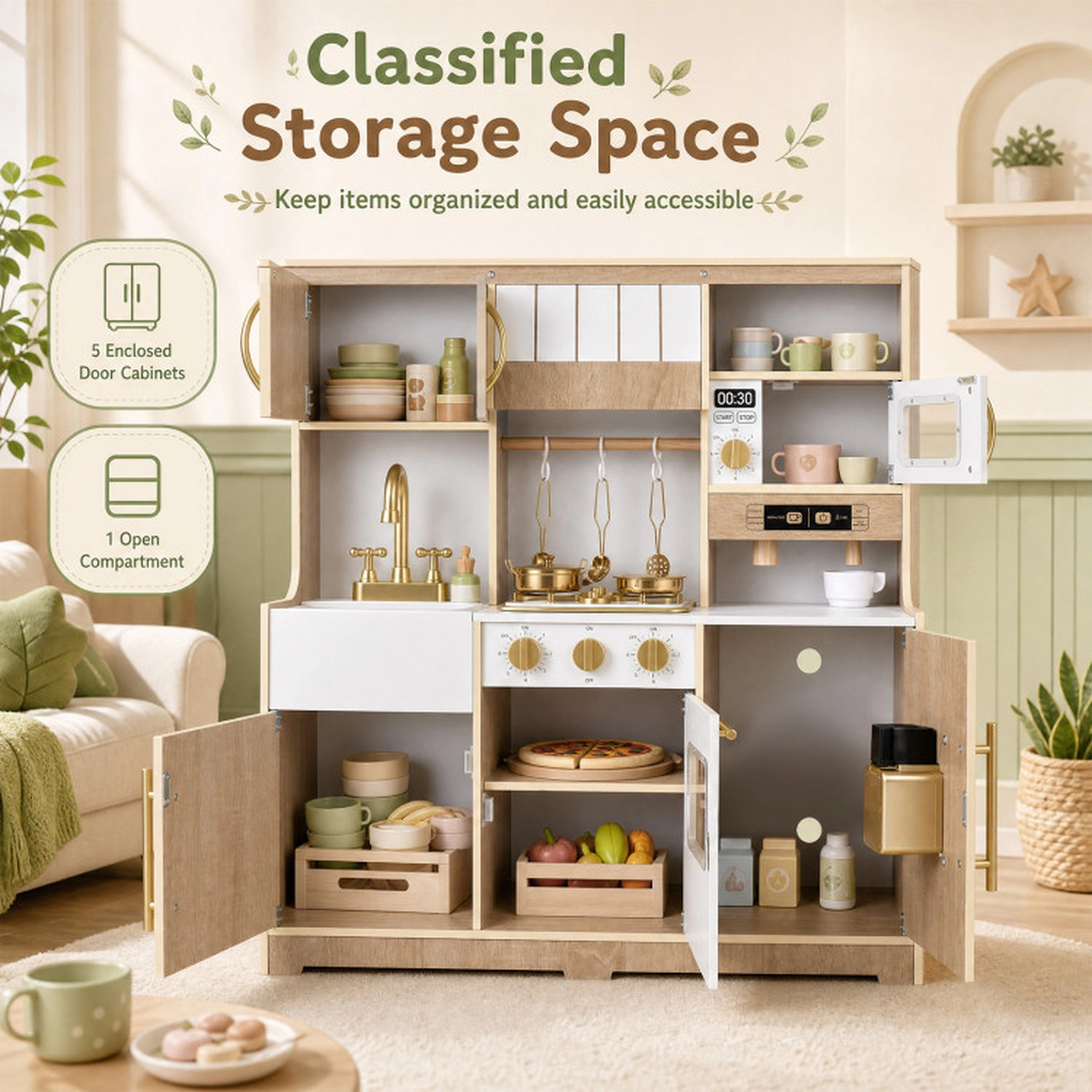 SUGIFT Wooden Play Kitchen with Lights & Sounds and Ice Maker Stove Sink for Toddlers Ages 3+ Natural+White