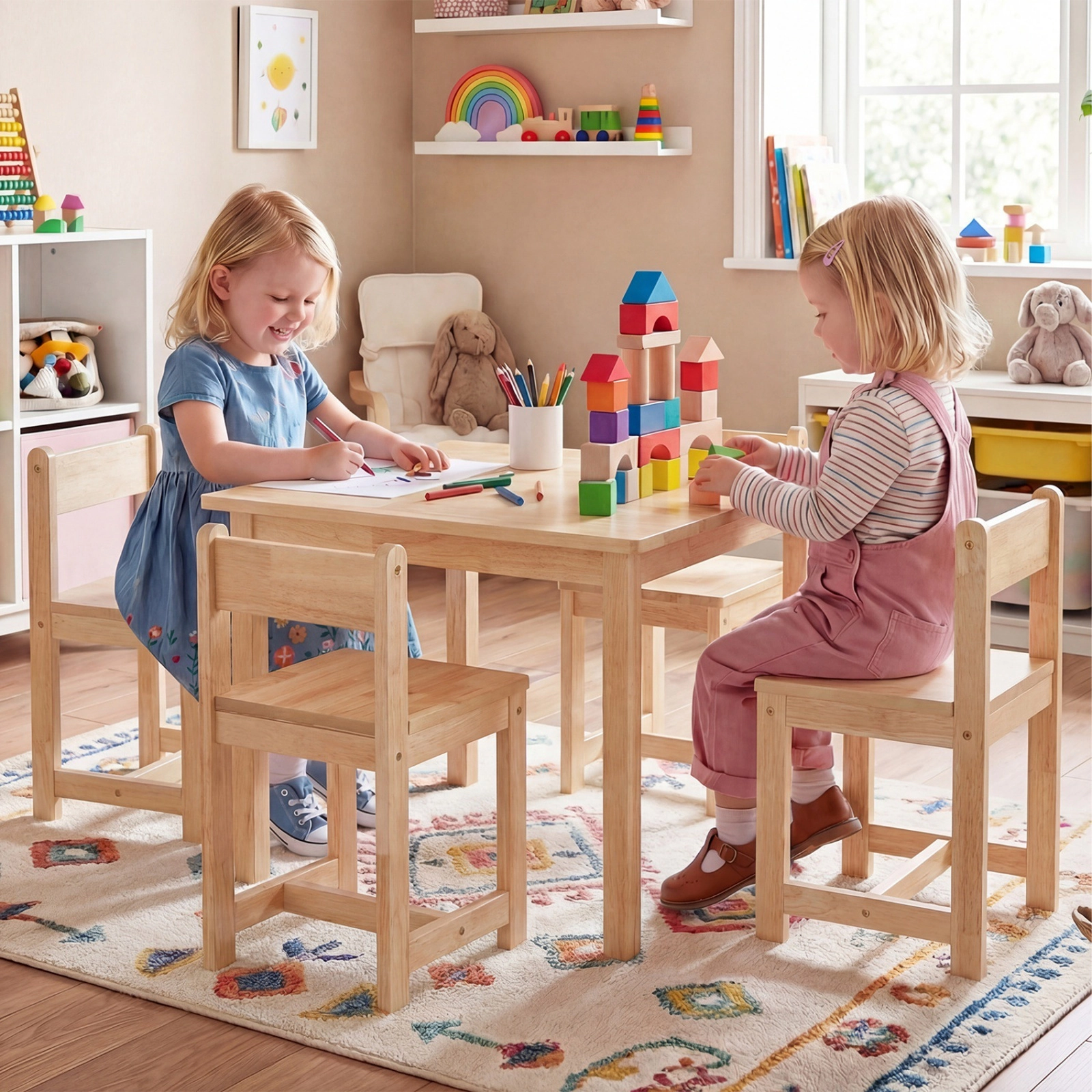 SUGIFT Kids Table and 4 Chairs Set, Natural Rubber Wood, 31.5-in Tabletop, 16-in Seats