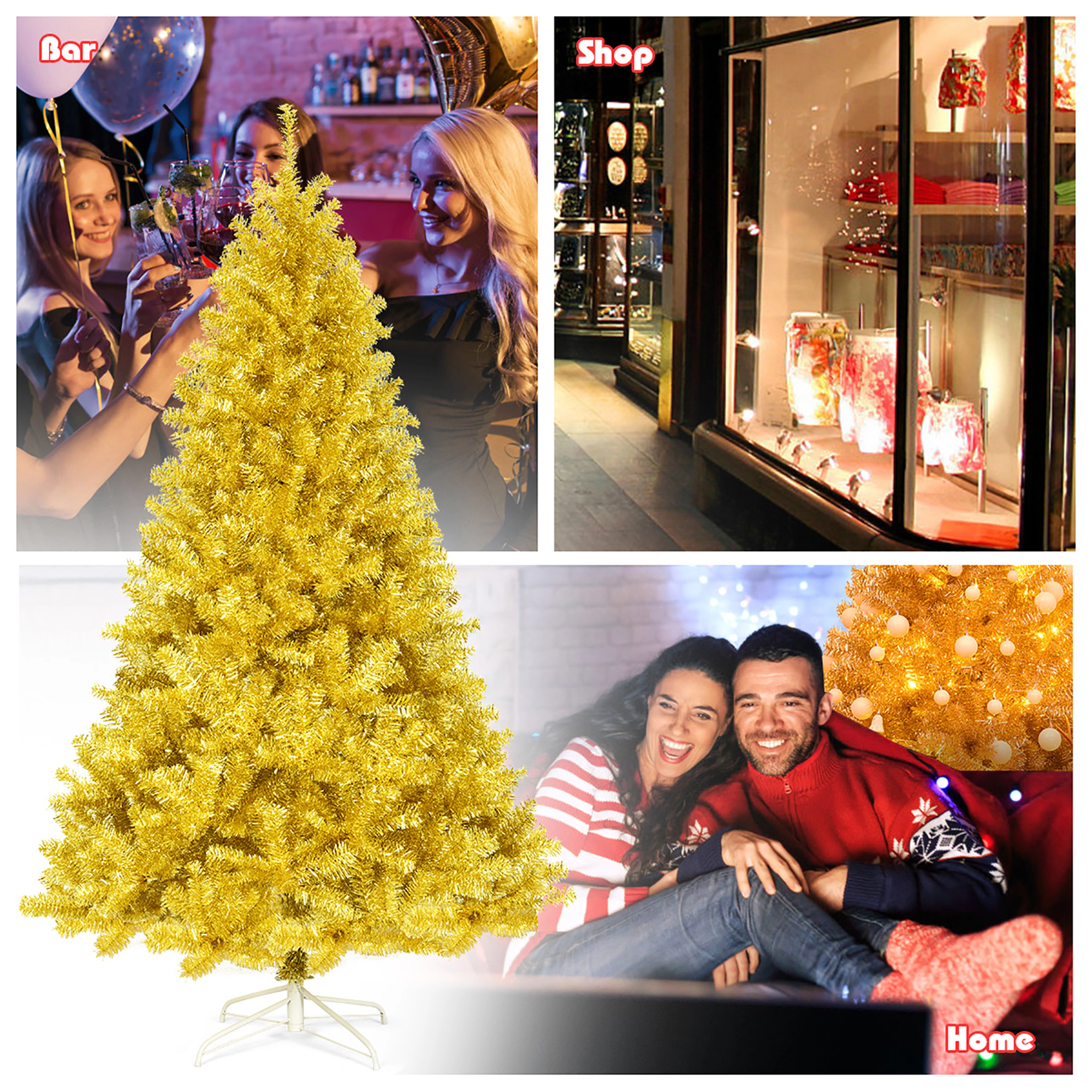 Costway 7.5ft Artificial Tinsel Christmas Tree w/1258 Tips Foldable Stand Champagne