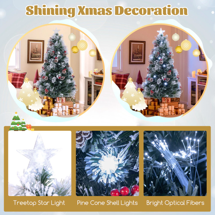 SUGIFT 7-ft Pre-Lit Snow Flocked Christmas Tree with 76 LED Lights 30 Pine Cones and 30 Red Berries Green/White