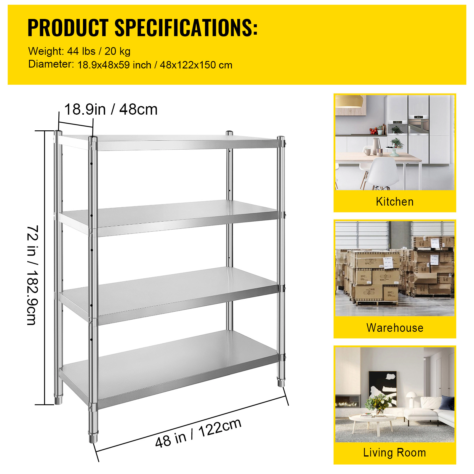 Flynama 4 Tier 46.8 x 18.5 in Stainless Steel Shelving 330 LB Per Shelf for Kitchen Office and Garage Storage
