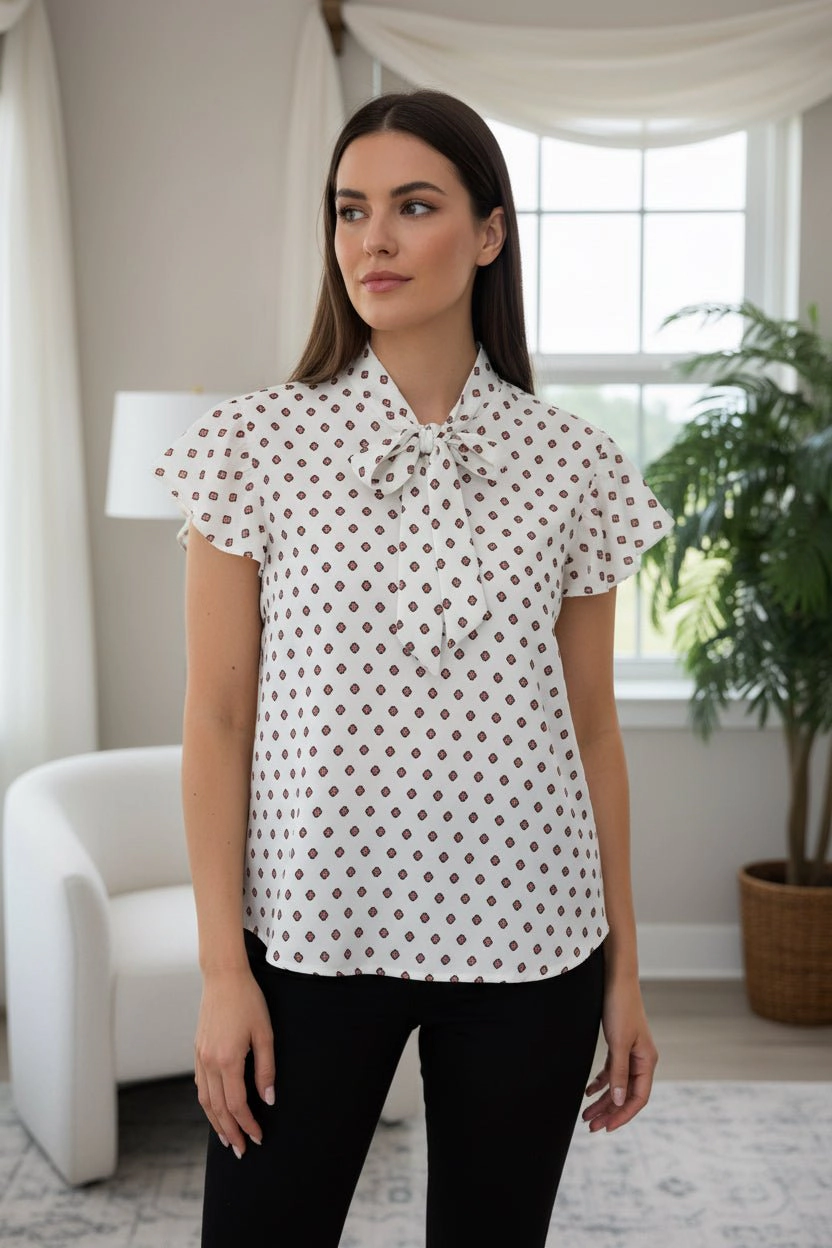 DressAtR Women's Tie Neck Short Sleeve Pullover Blouse