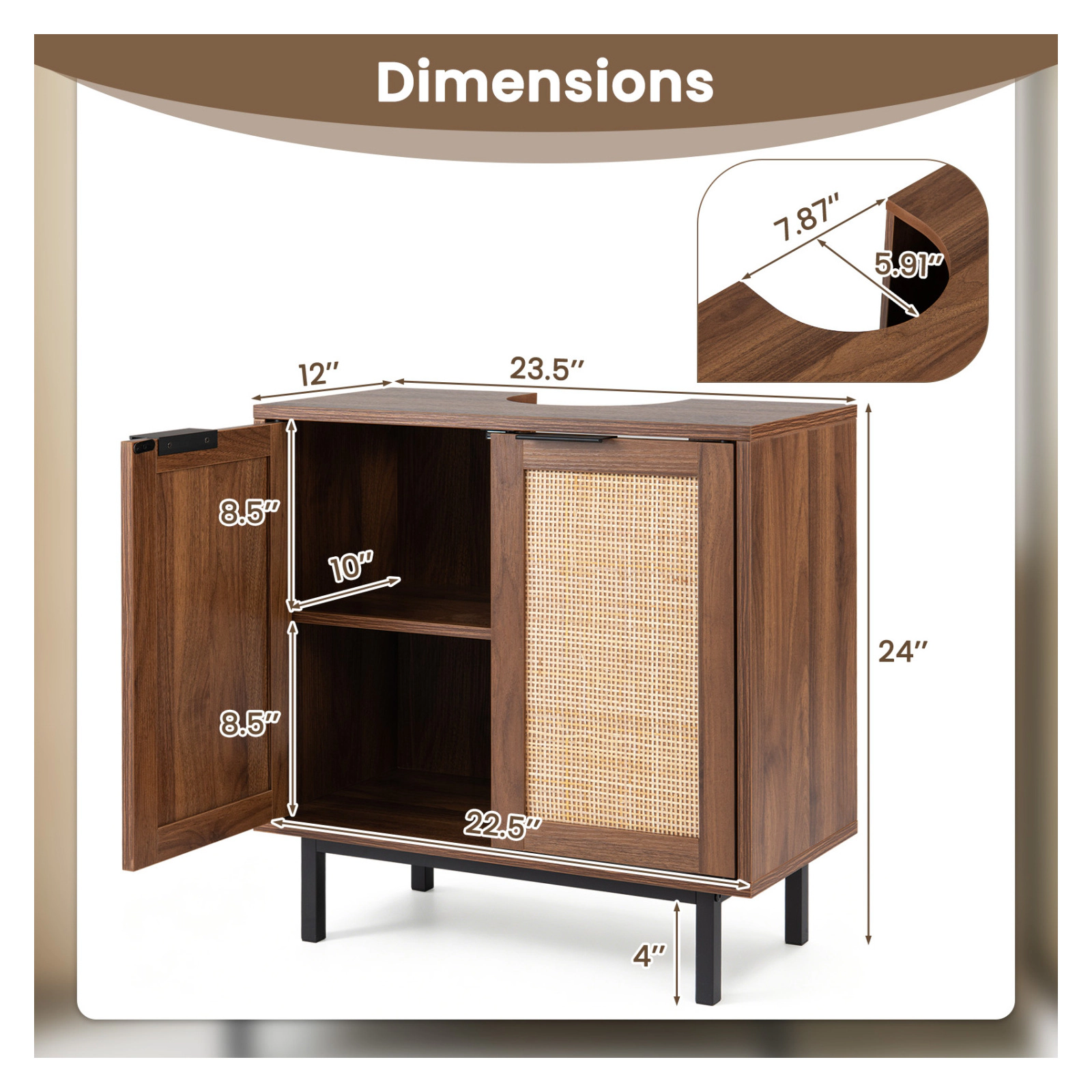 Glintex Bathroom Vanity Cabinet with U-Shaped Cut-Out and 2 Rattan Doors