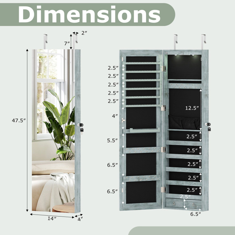 Hivvago Wall and Door Mounted Mirrored Jewelry Cabinet with Lights