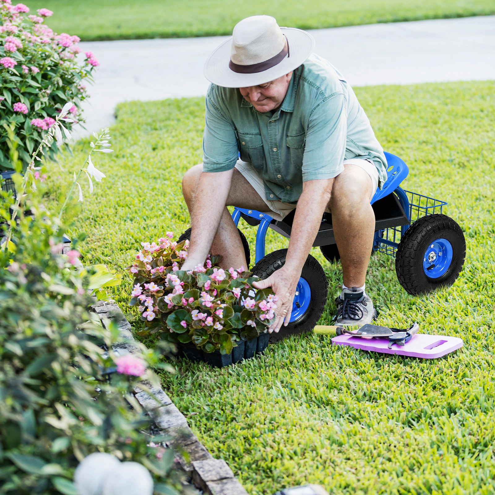 SUGIFT Blue 330-lb Capacity Rolling Garden Cart Seat Stool with Tool Tray Basket and Pneumatic Wheels