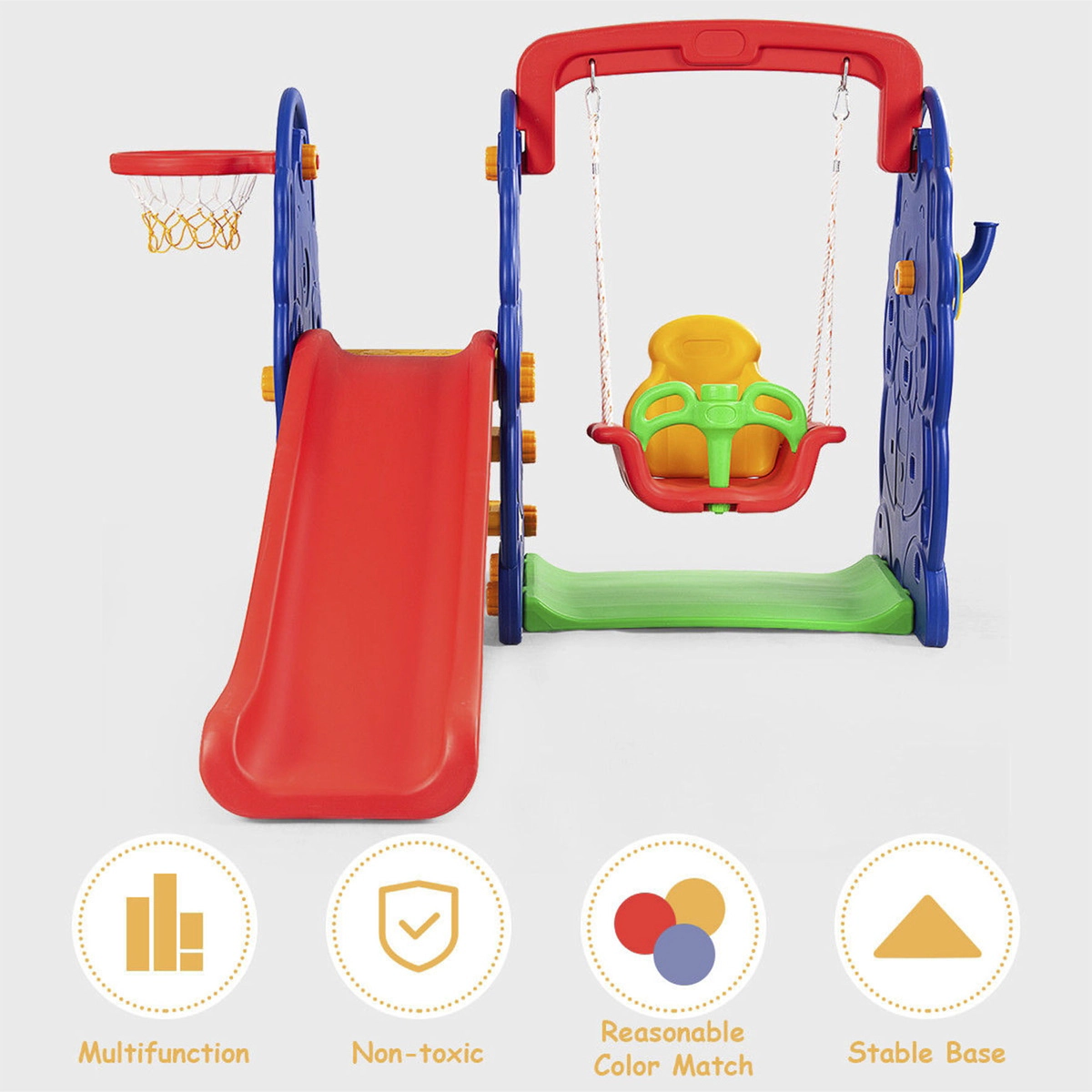 SUGIFT Toddler Multicolor 3-in-1 Slide and Swing Set with Basketball Hoop 59-in W 66-in H 110-lb Slide Capacity