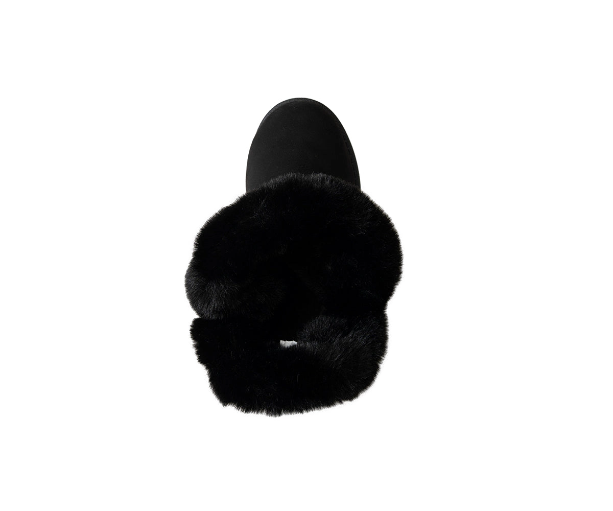 Bebe Women's Faux Fur Trim Boot with Charm Detail