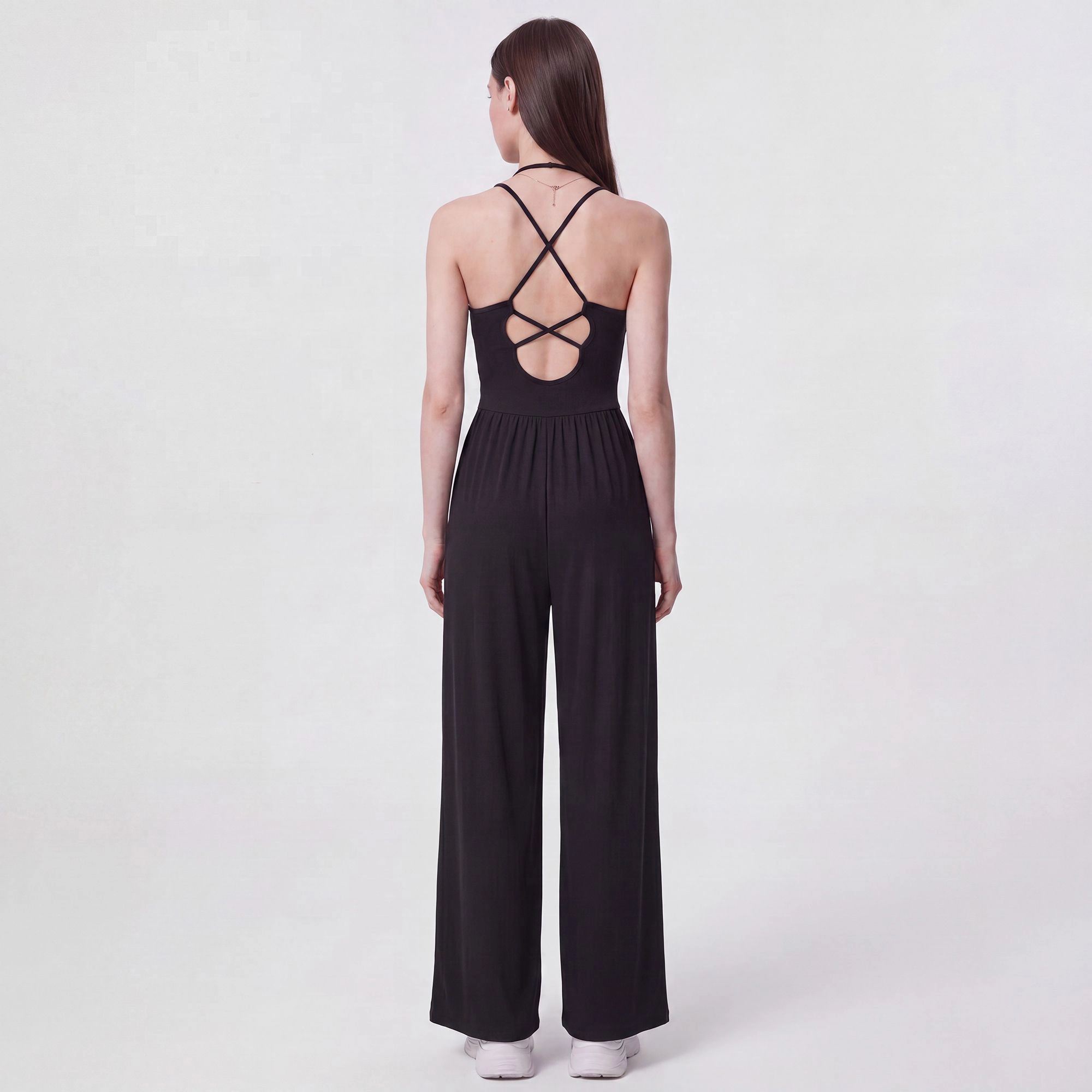 Anna-Kaci Women's Sleeveless Halter Neck Wide Leg Jumpsuit with Ribbed Bodice Gathered Waist and Flowy Pants