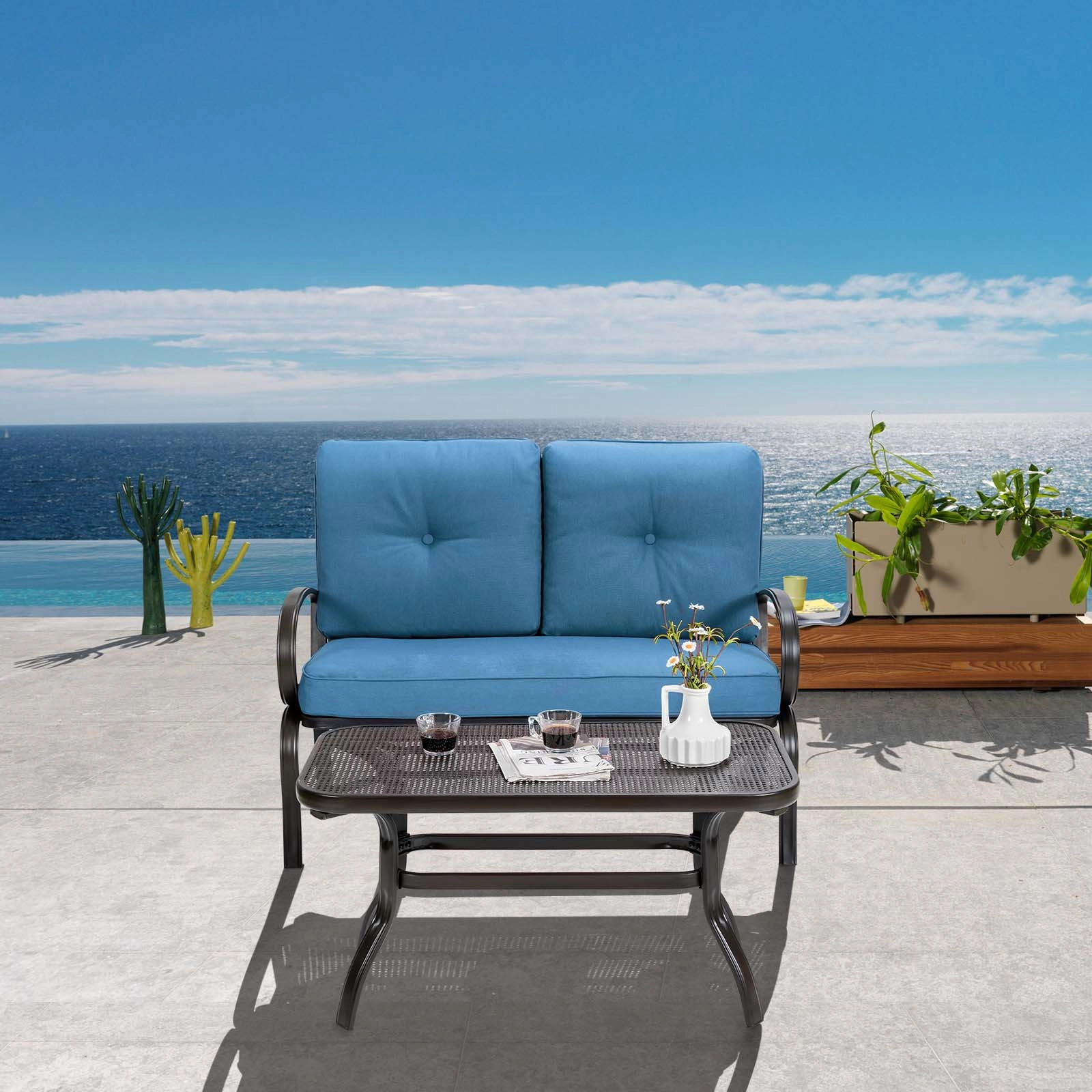 SUGIFT 2-Piece Blue Steel Patio Loveseat Set with 4-Inch Cushions and Coffee Table