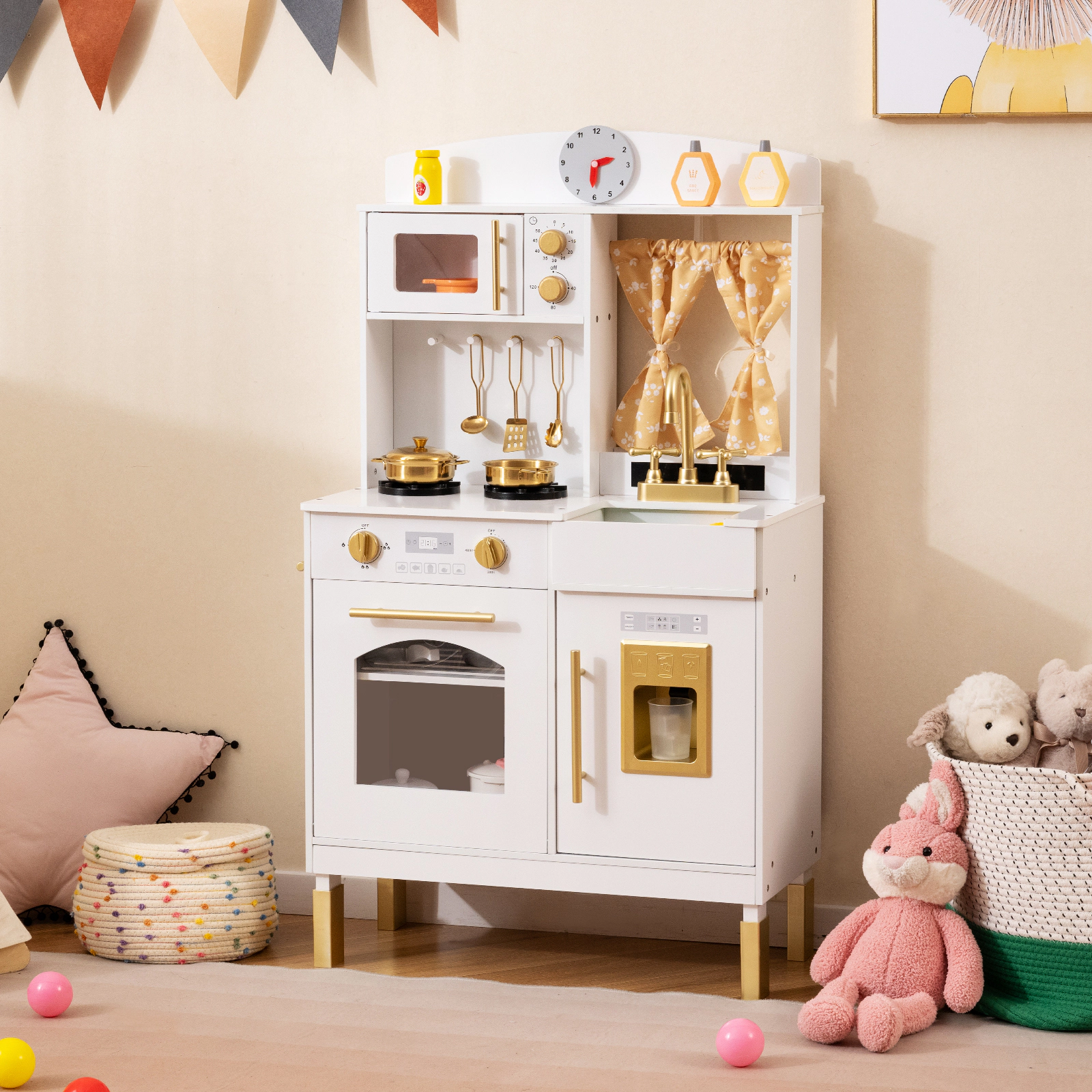 LJG Play Kitchen for Kids Wooden Chef Pretend Playset with 3 Adjustable Heights Microwave