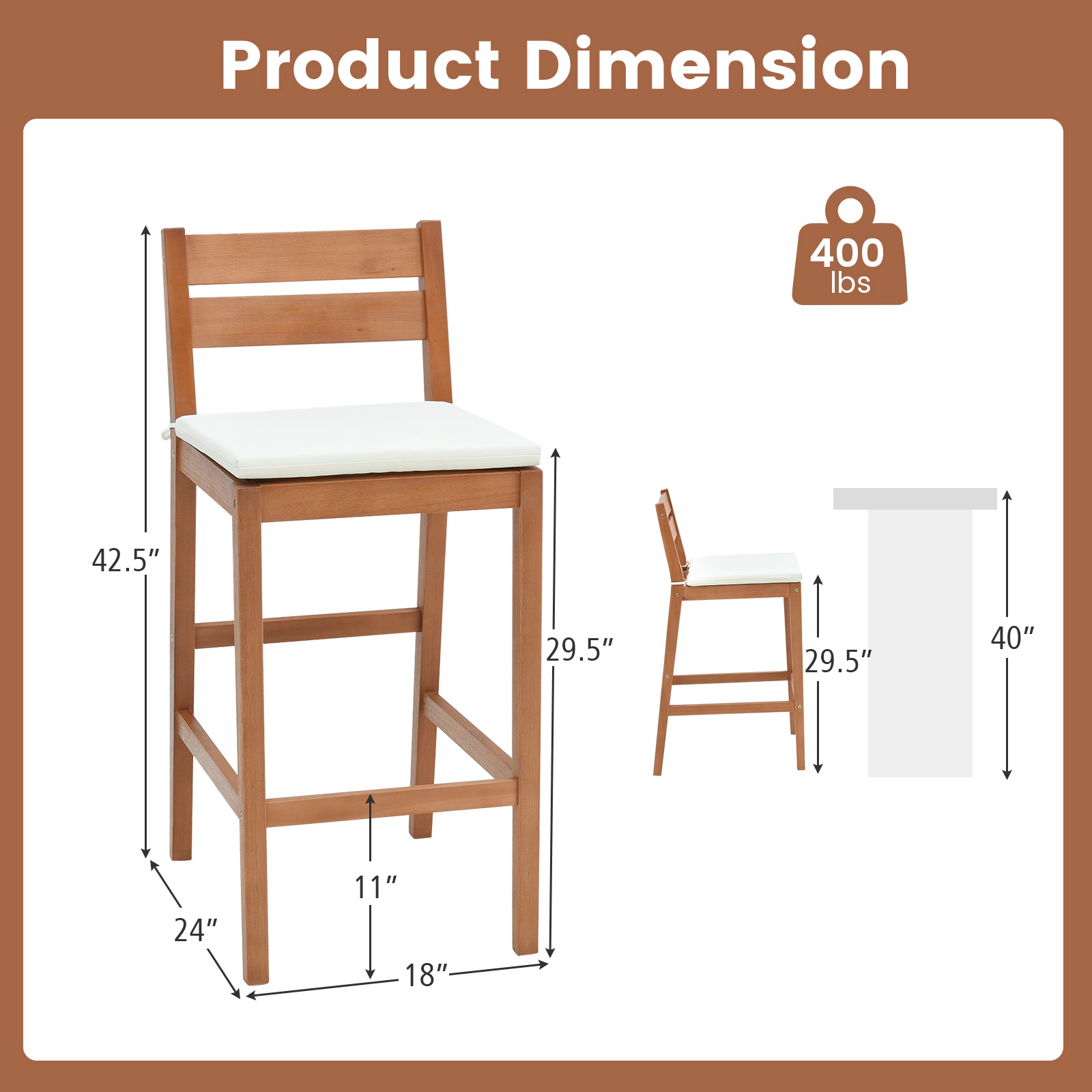 SUGIFT Off White Soft Seat Cushions Set of 2 Outdoor Eucalyptus Wood Bar Stools
