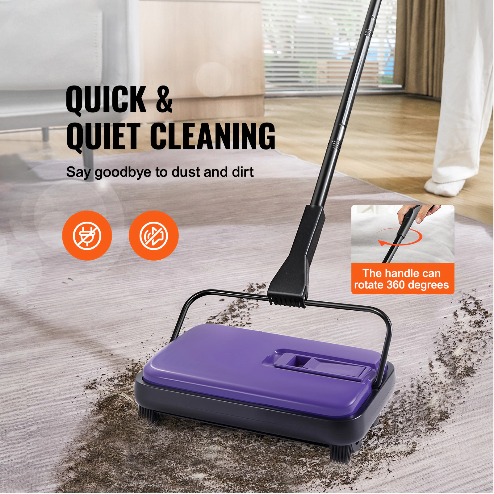 HONGGE Carpet Sweeper Manual Floor Sweeper with 300 ml Dustbin Capacity Easy to Empty 6.7 inch Cleaning Width for Home