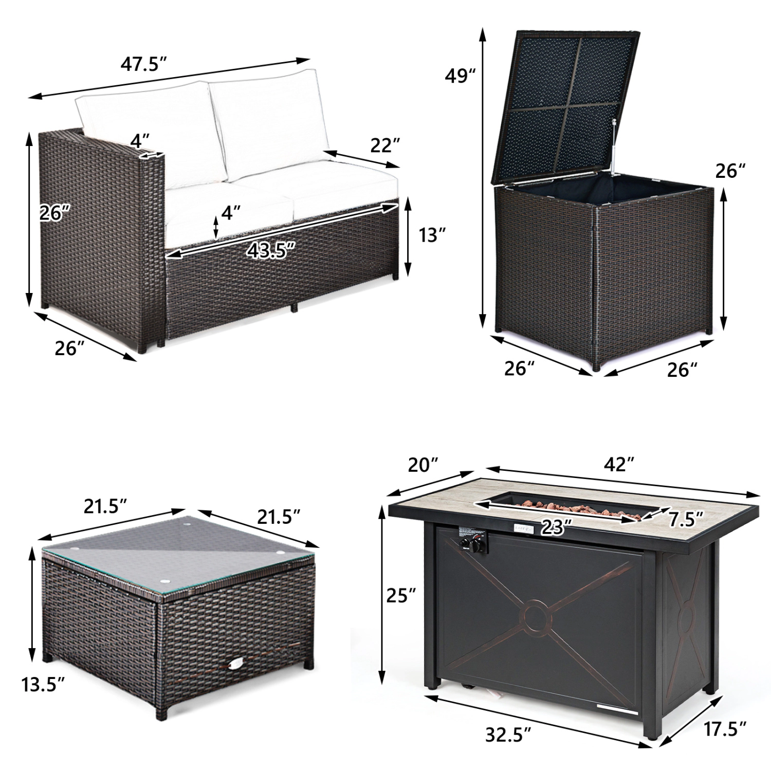 LJG 5-Piece Patio Furniture Set with Propane Fire Pit Table