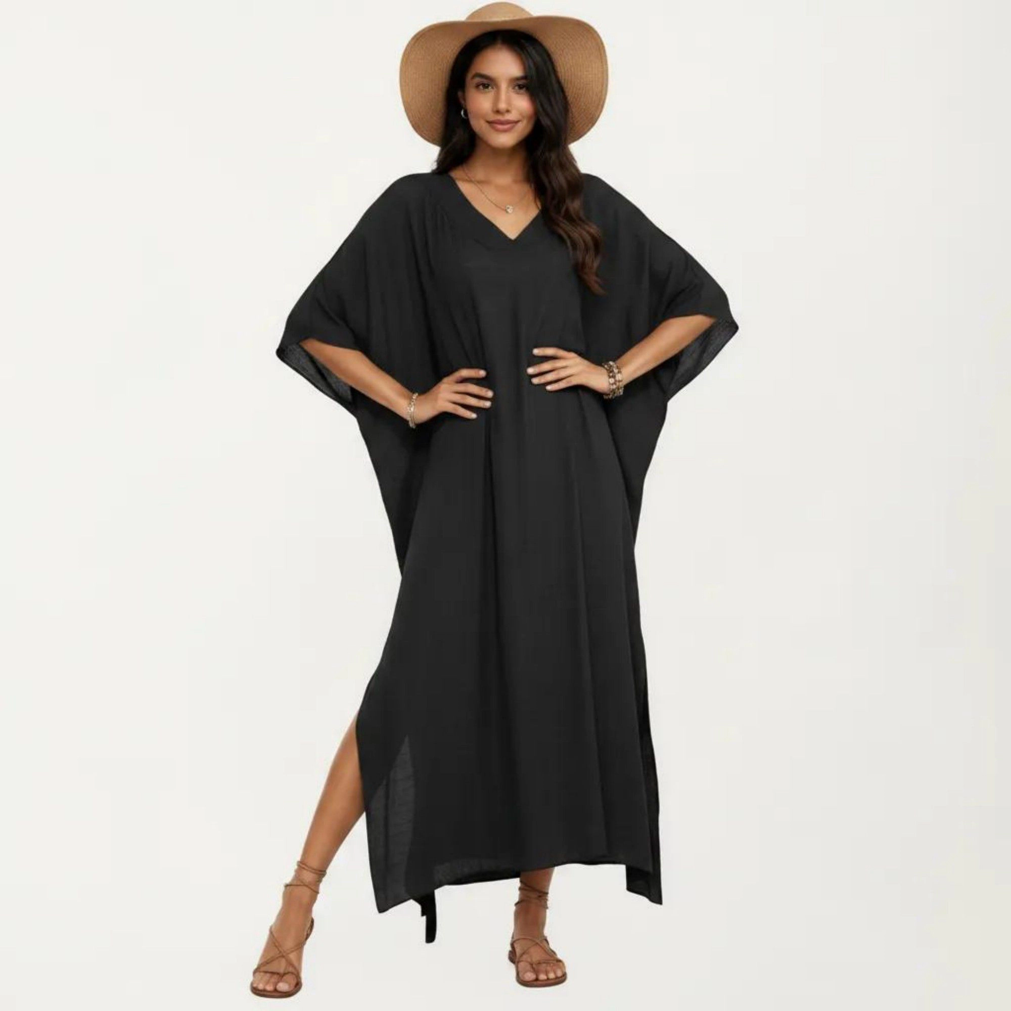 Anna-Kaci Women's V-Neck Maxi Swim Cover Up Dress Loose Short Sleeve Lightweight Beach Caftan