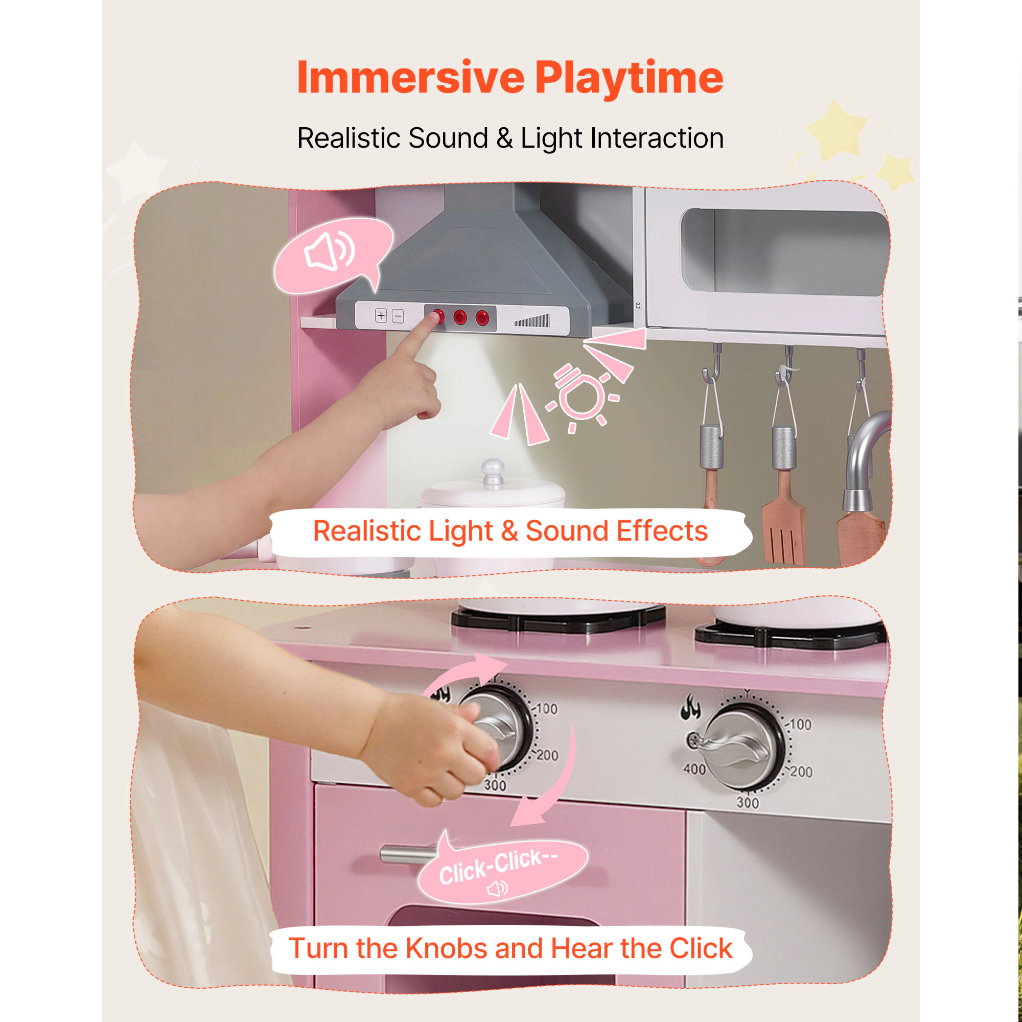 HONGGE Play Kitchen for Kids, Wooden, Kids Playset with Real Lights & Sounds, Food Cookware
