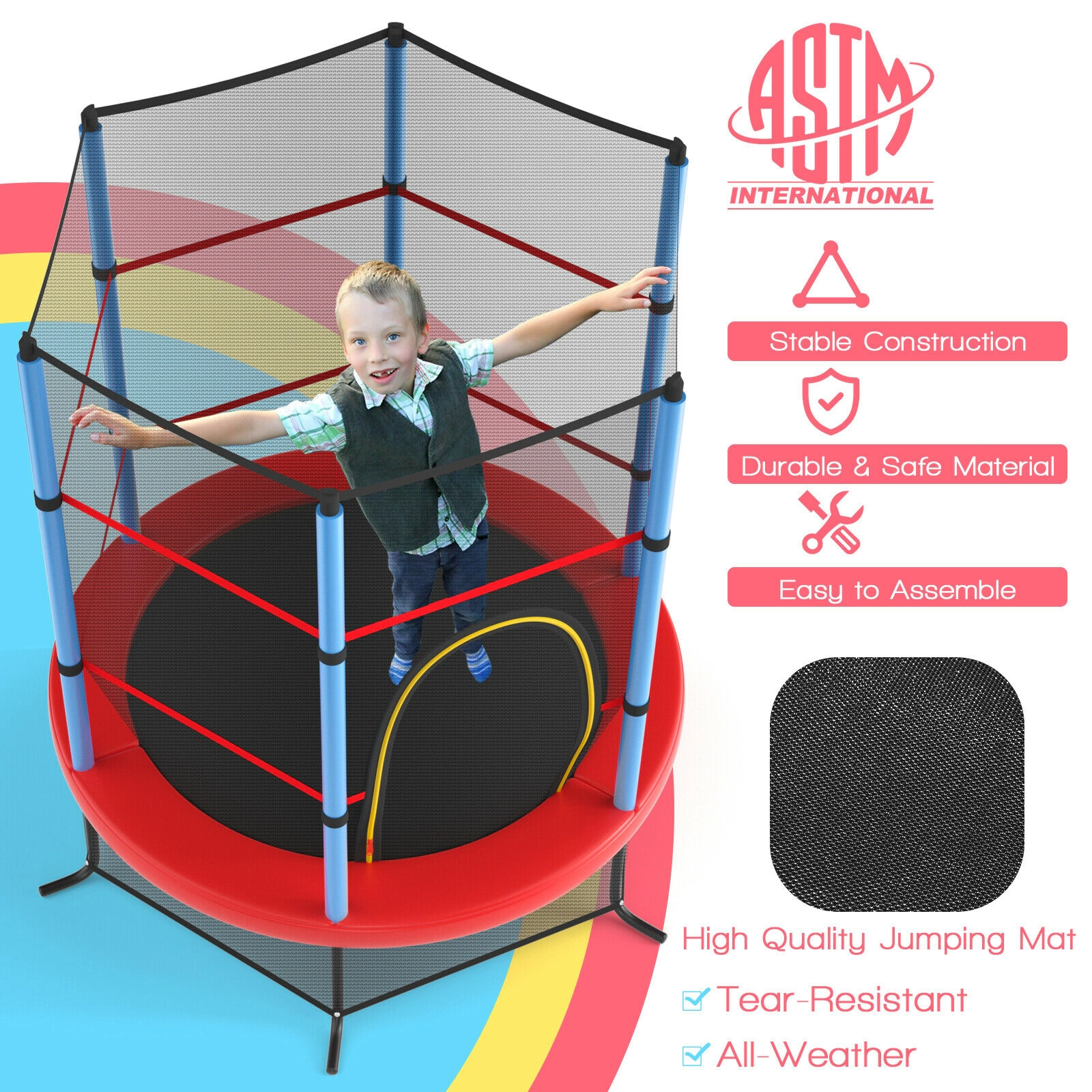 SUGIFT Kids Recreational Trampoline with Enclosure Net 300-lb Capacity Navy Jump Pad with Zippered Door & L-Shaped Legs