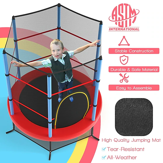 SUGIFT Kids Recreational Trampoline with Enclosure Net 300-lb Capacity Navy Jump Pad with Zippered Door & L-Shaped Legs