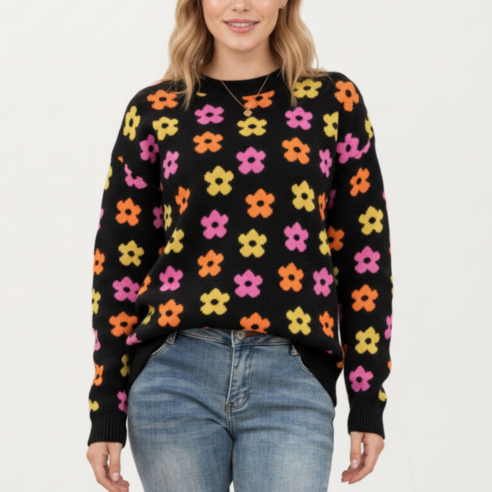 Anna-Kaci Women's Flower Pattern Knit Sweater with Long Sleeves, Soft Textured Feel and Comfortable Relaxed Everyday Fit