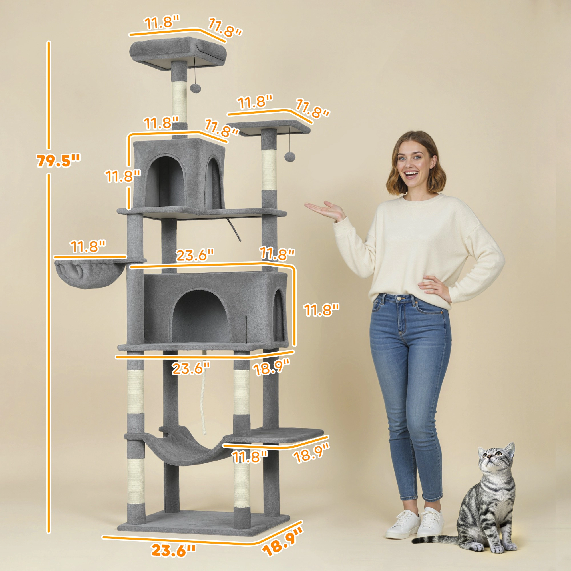 HONGGE Multi-Level Cat Tower, Cat Tree with 2 Condos, Hammocks, Scratching Posts, Dark Gray