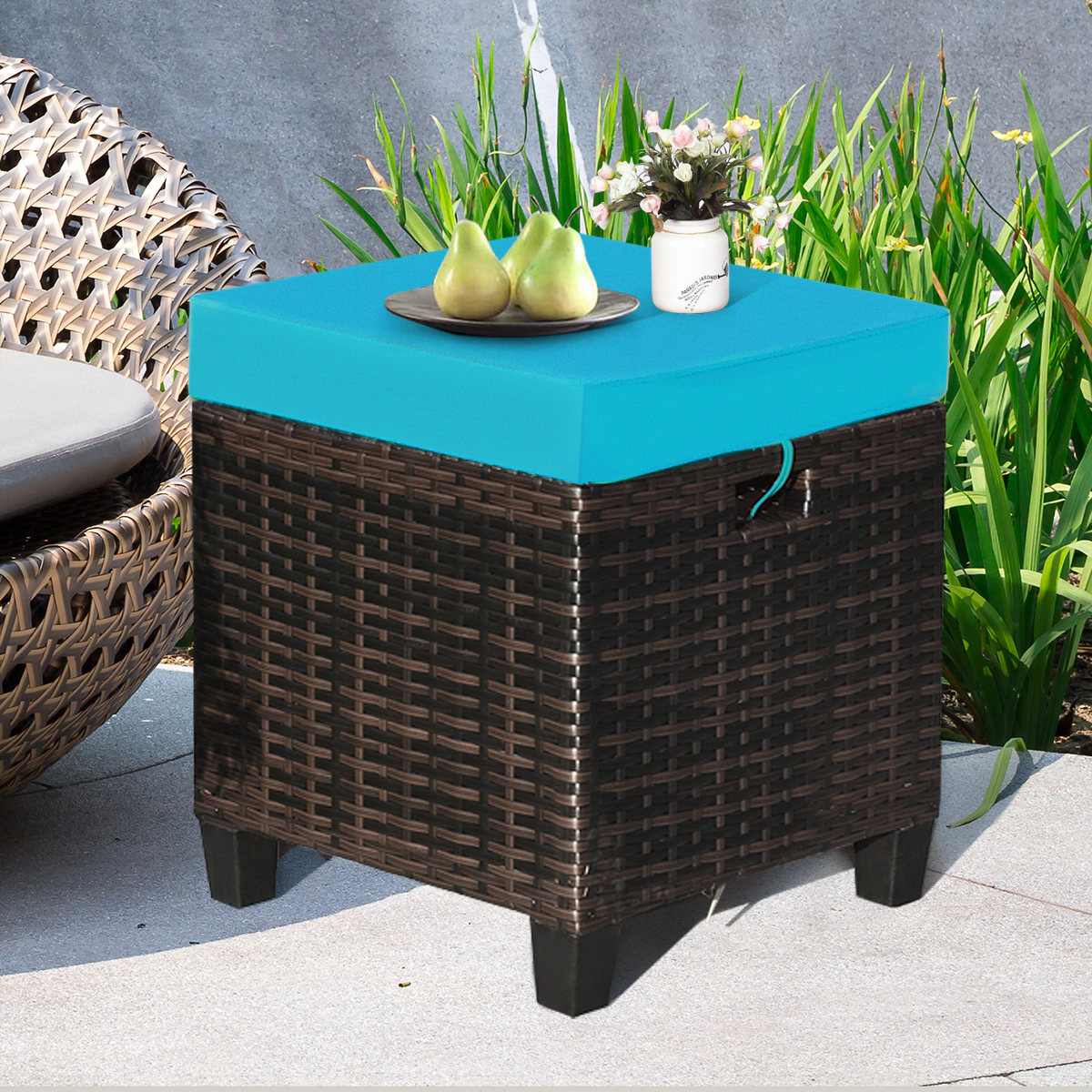 LJG 2 Pieces Patio Rattan Ottoman Set with Removable Cushions