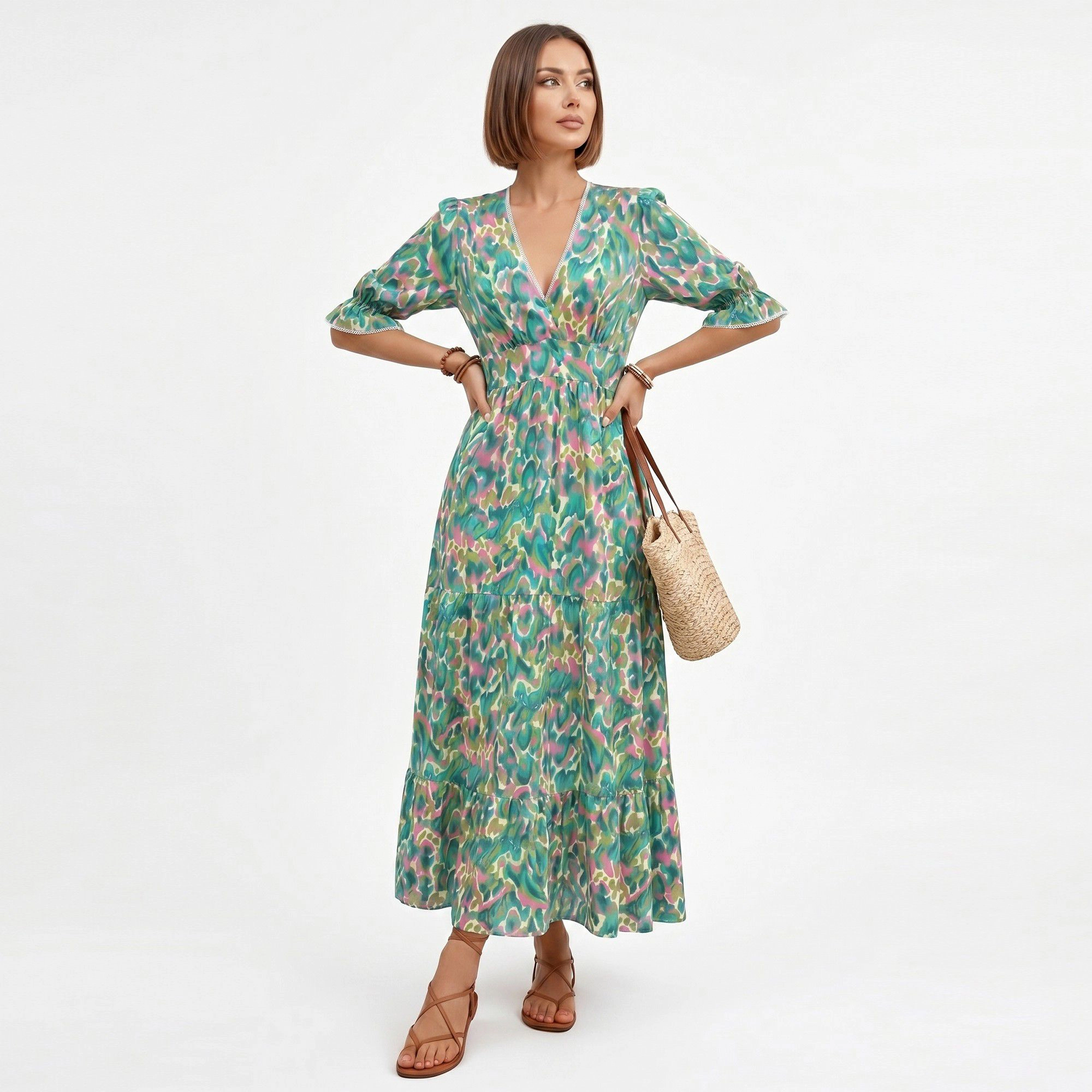 Anna-Kaci Women's Printed V-Neck Smocked Waist Tiered Skirt Midi Dress