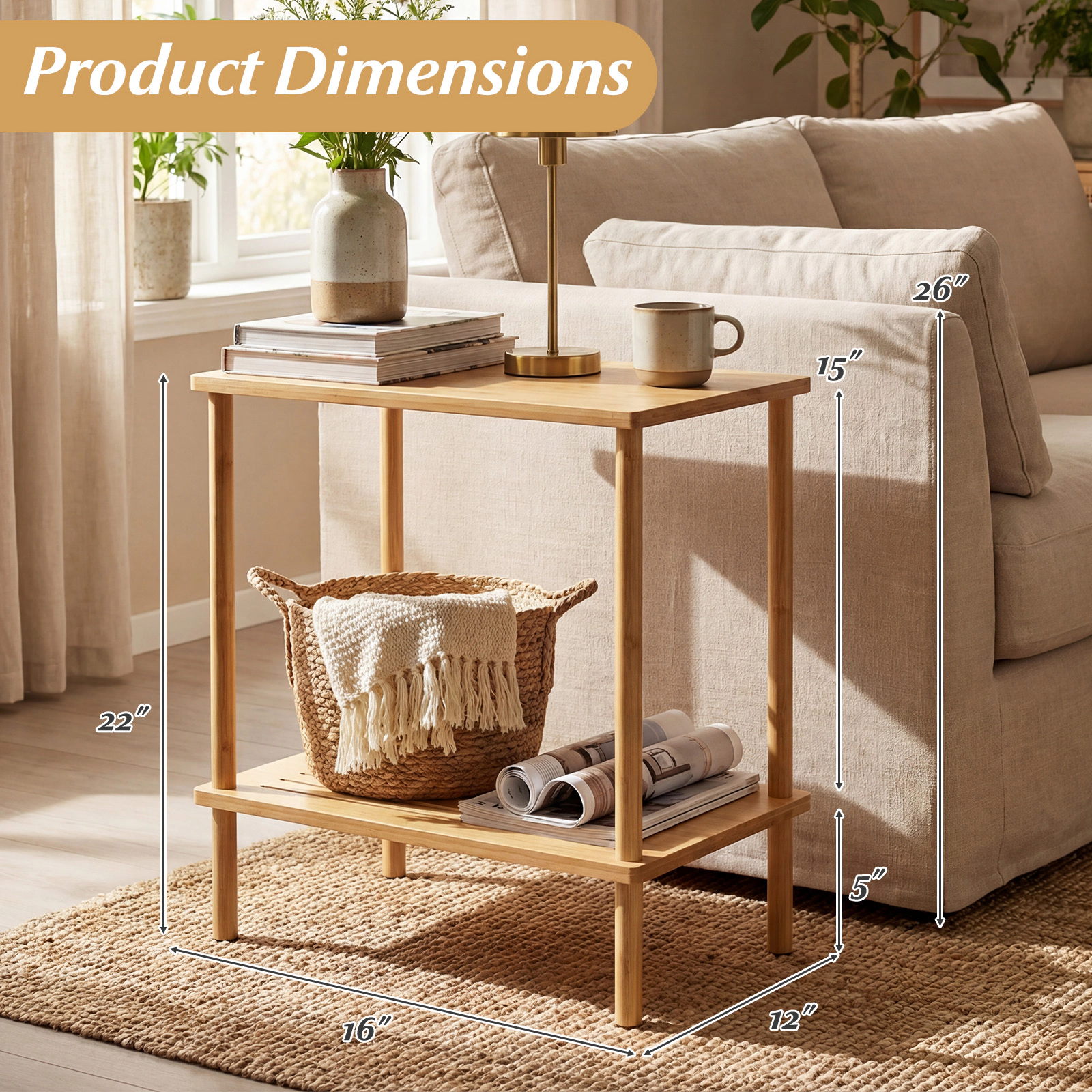SUGIFT 2-Tier Bamboo Side Table with Storage Shelves 66-lb Capacity Rectangular Tea Sofa End Table Natural