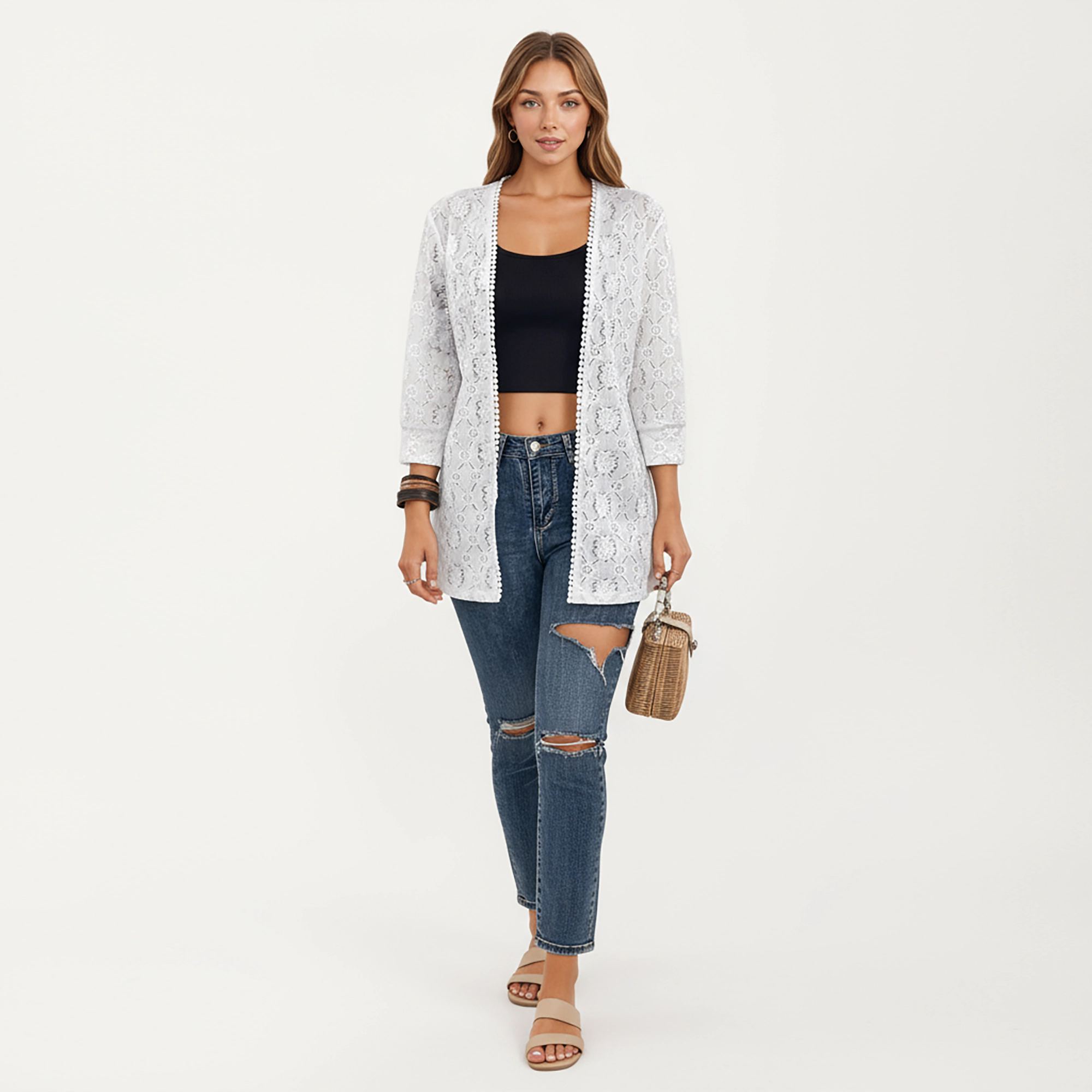 Anna-Kaci Women's 3/4 Sleeve Open Front Lace Cardigan with Floral Crochet Detailing