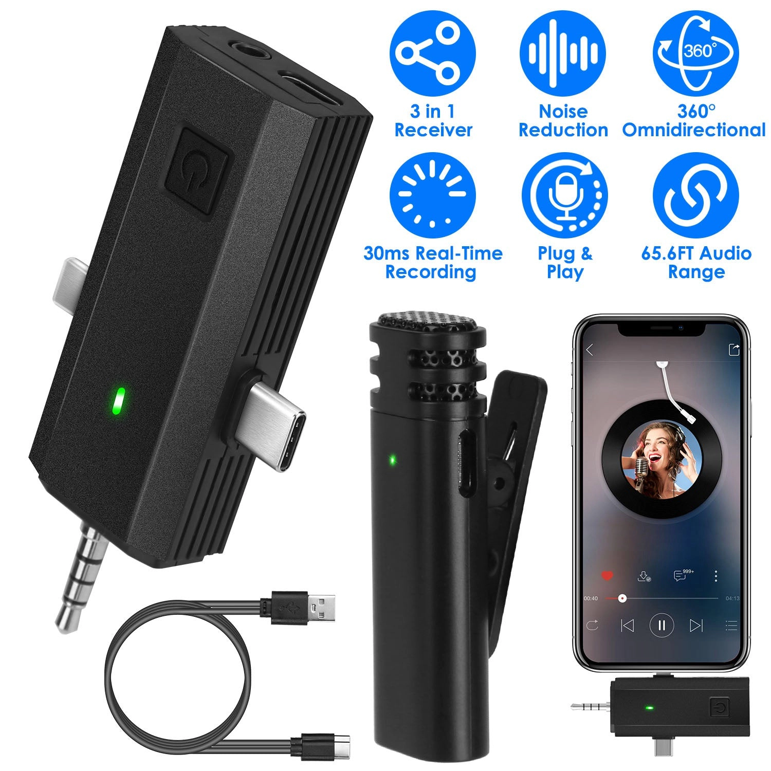 GBruno 3-in-1 Wireless Clip-On Microphone