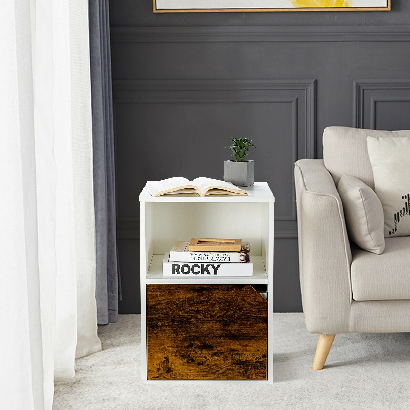 SUGIFT Set of 2 Three-Tier Engineered Wood Nightstands with Open Shelf and Cabinet 66-Lb Capacity Rustic Brown