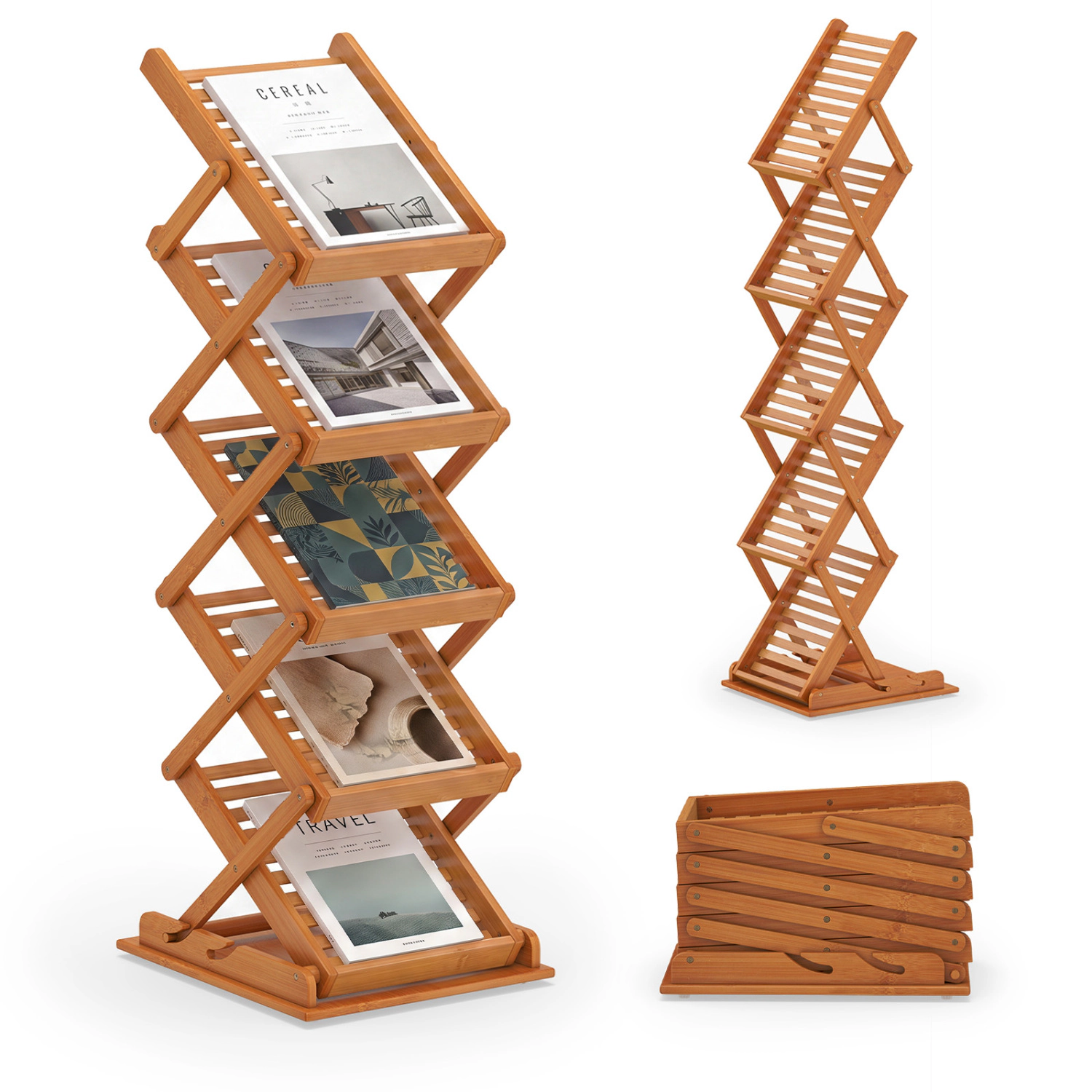 Glintex Foldable Bamboo Magazine Rack with 2 Height Positions and 5 Tiers, Walnut