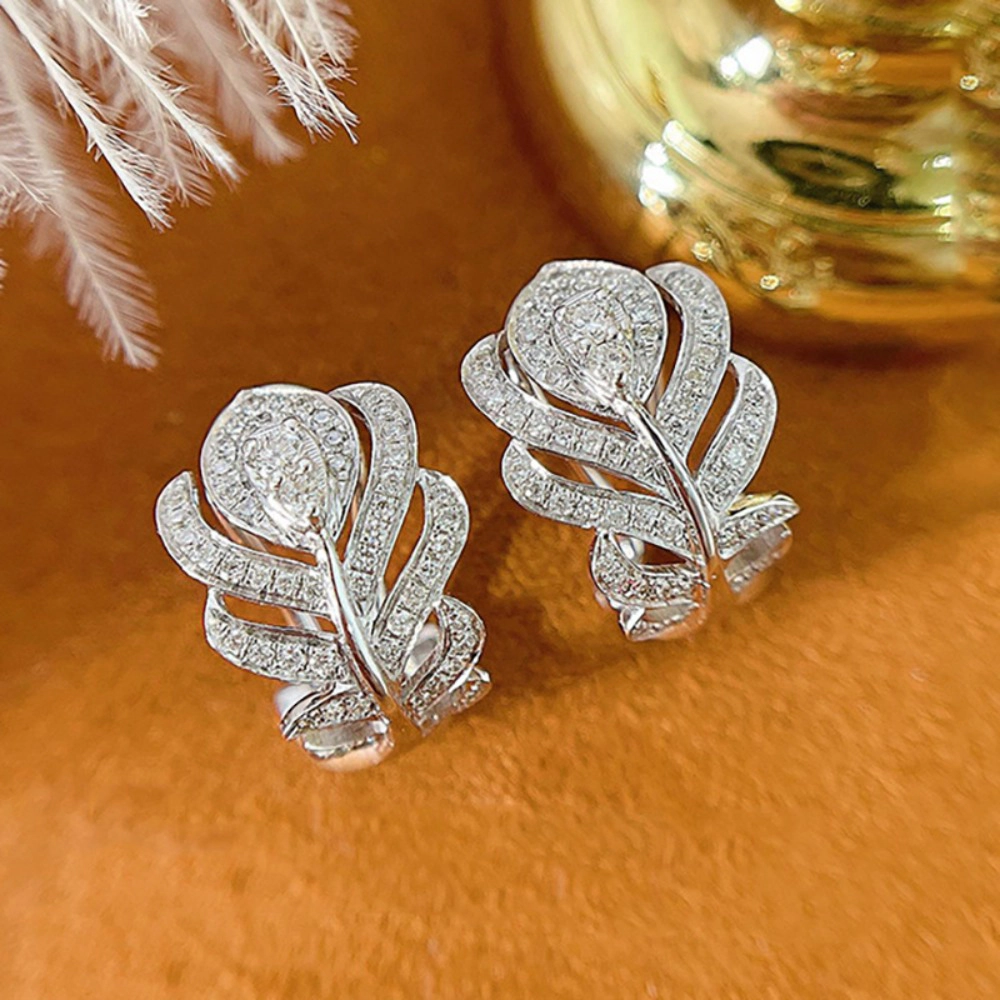 Wardrobe Whimsy Feather Hoop Earrings Paved Cubic Zirconia Elegant Drop Earrings for Women