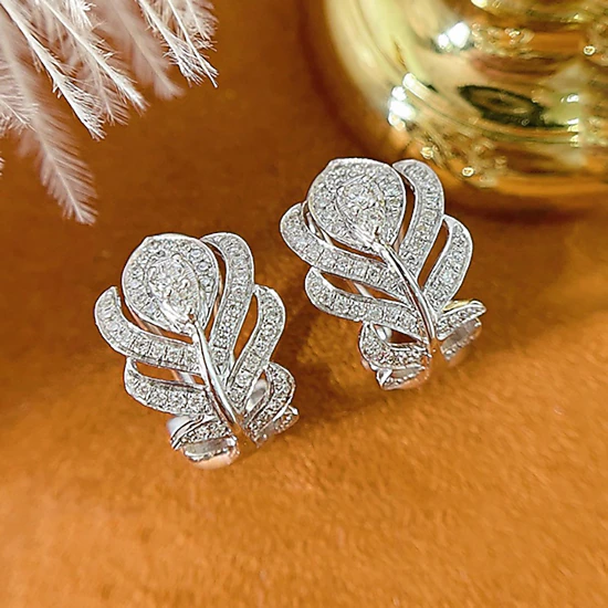 Wardrobe Whimsy Feather Hoop Earrings Paved Cubic Zirconia Elegant Drop Earrings for Women