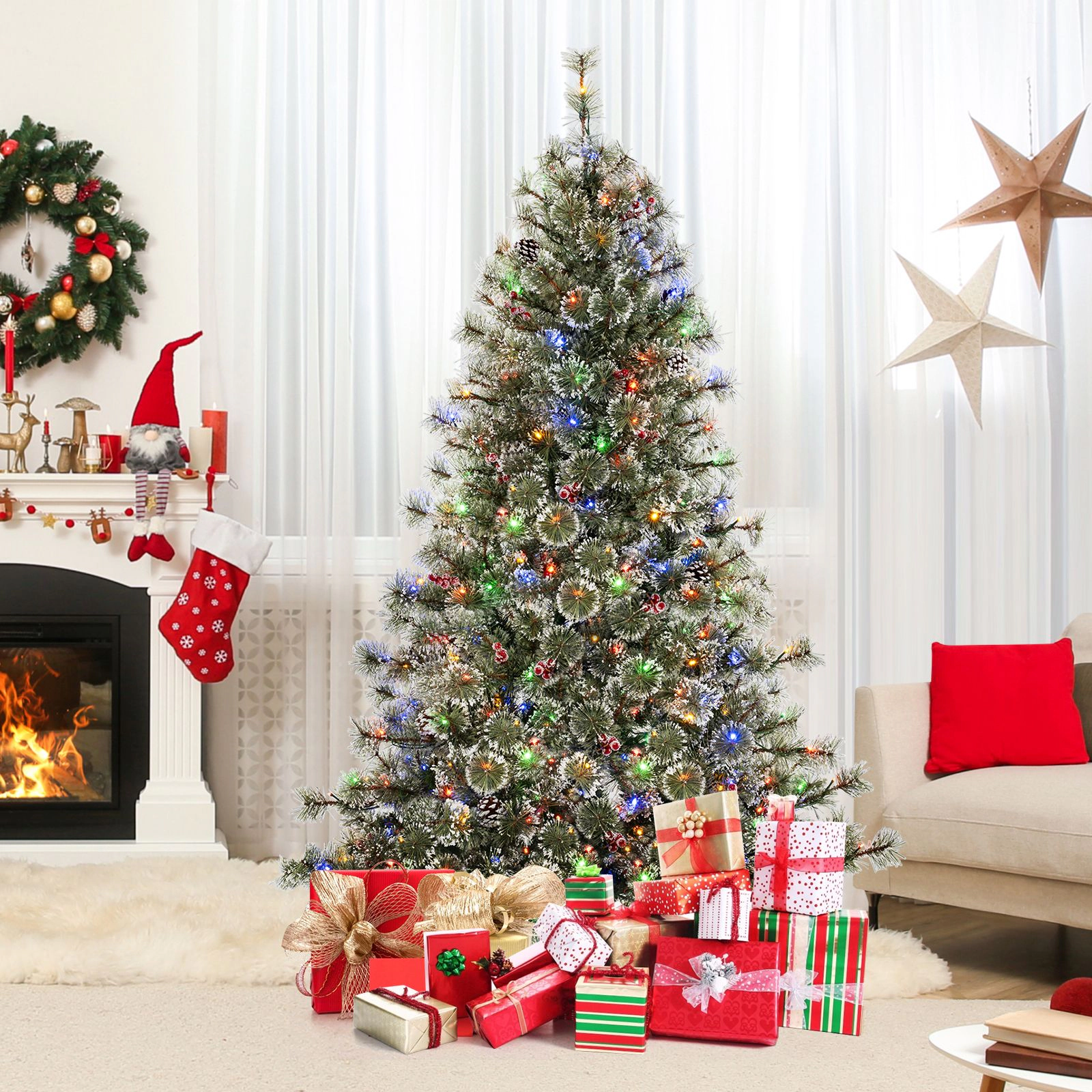 SlickBlue Green Flocked Christmas Tree with Berries and Pine Cones