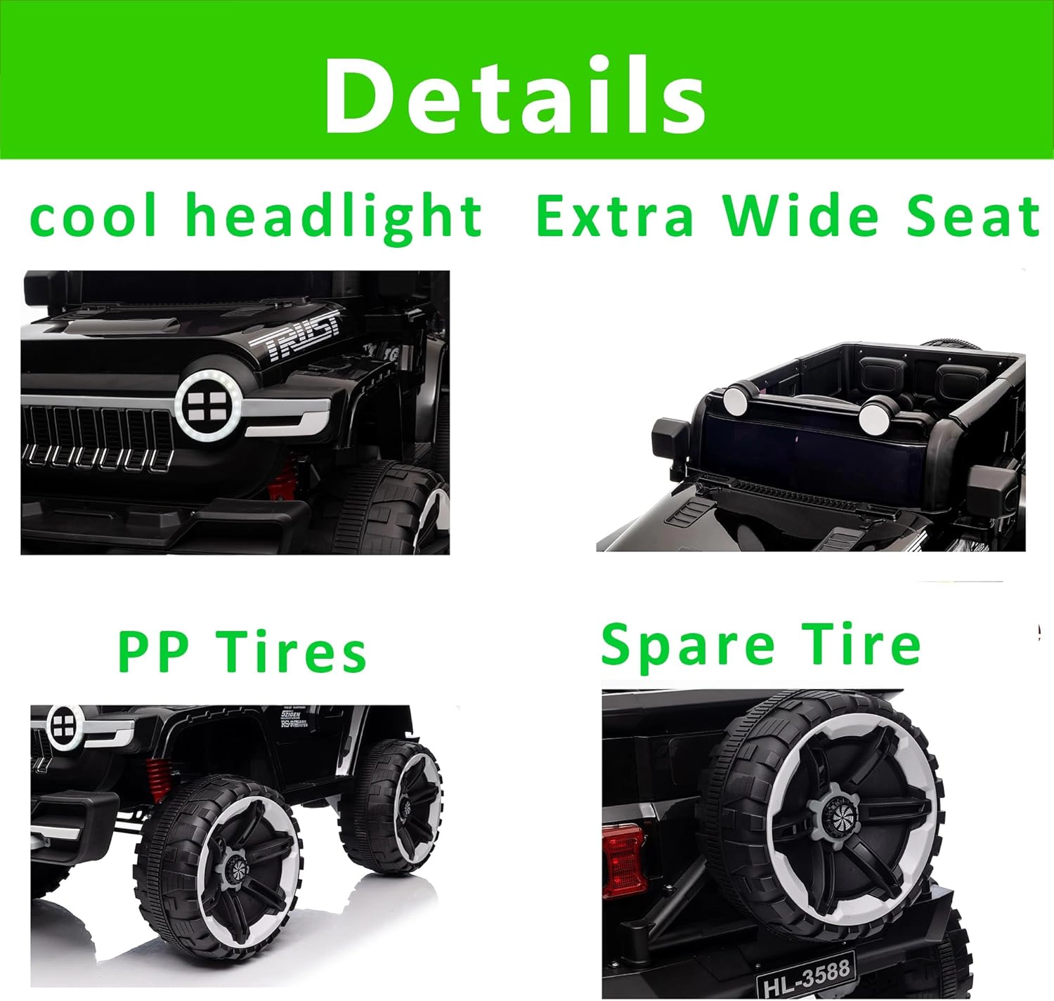 12V 2-Seater Kids Ride On Truck, 4WD Electric Car w/Remote Control, Dual Motors, Music, LED Lights, Spare Tire