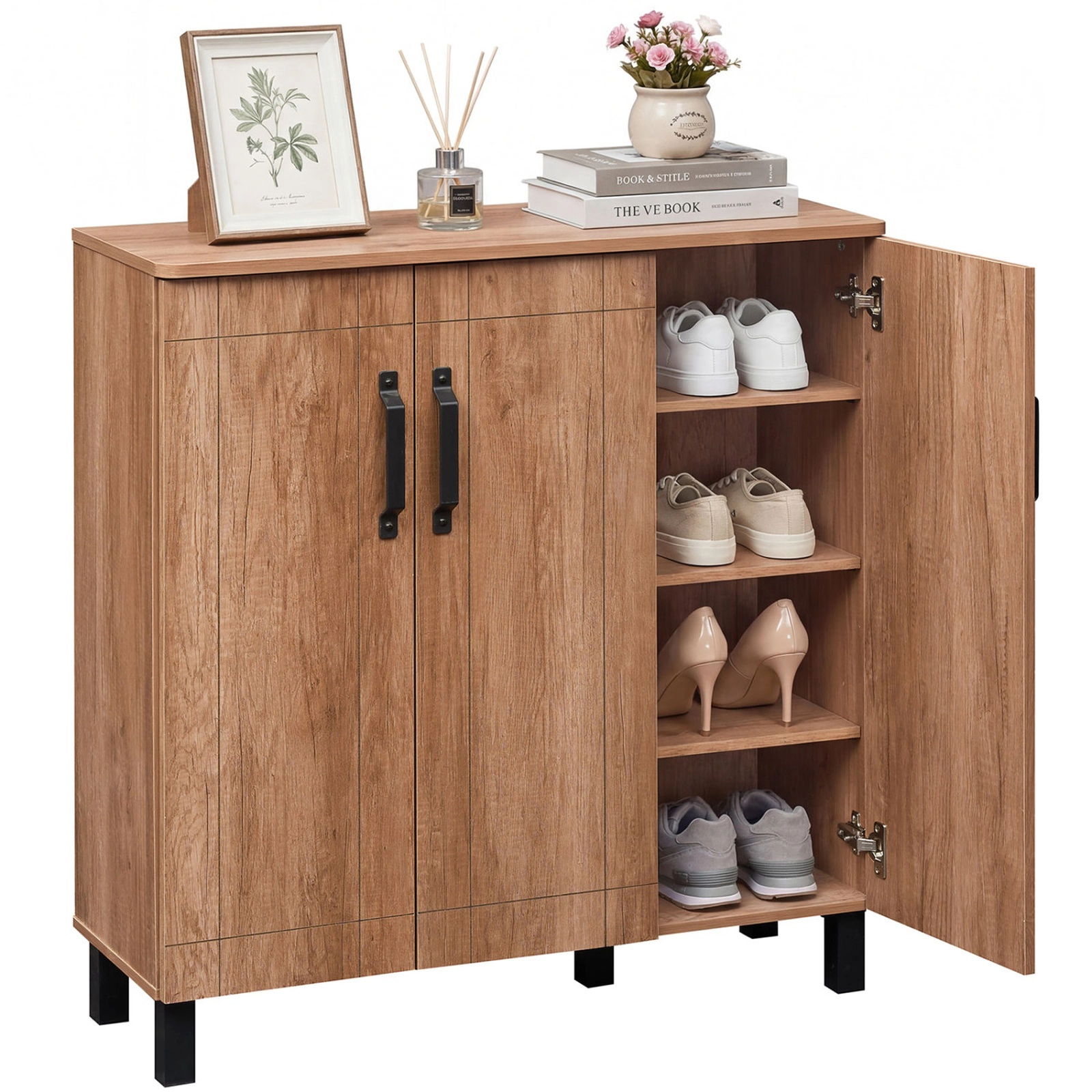 SUGIFT Mocha Oak Freestanding 35.5 Inch 5-Tier Shoe Storage Cabinet Rack Organizer
