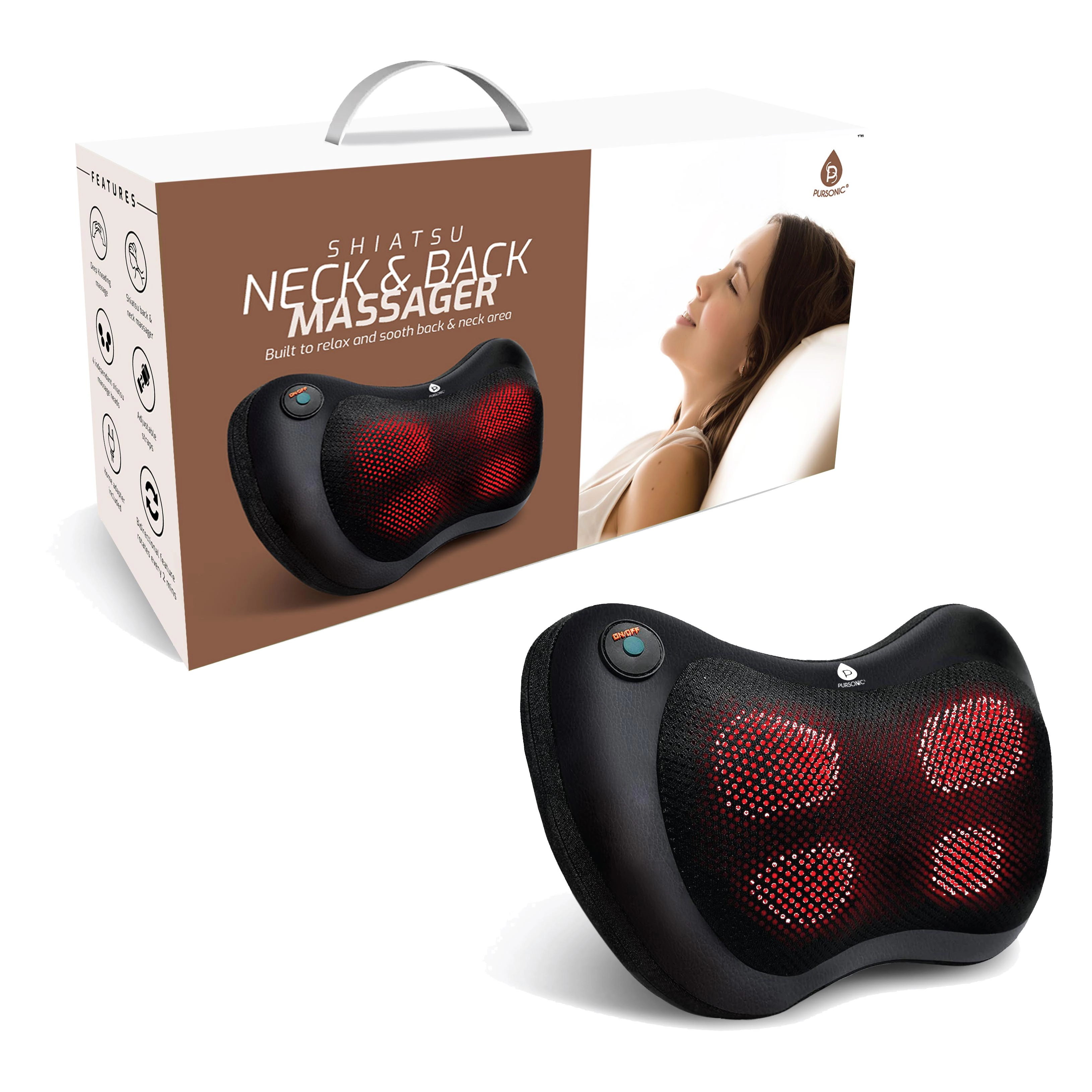 Pursonic Unisex Heated Shiatsu Neck & Back Massager with Deep-Kneading Massage Nodes