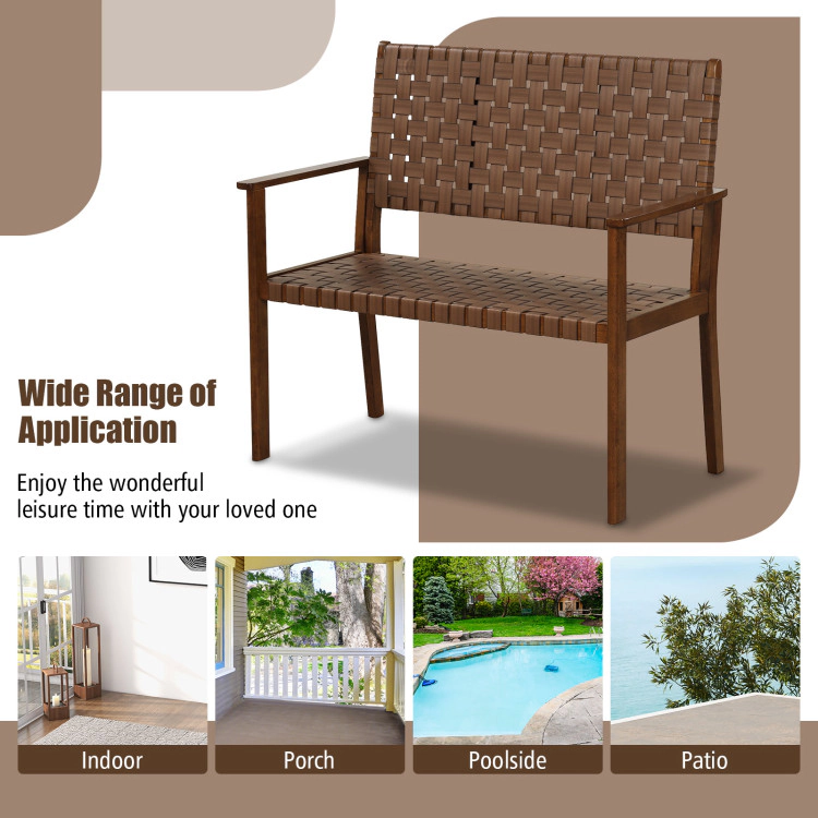 Hivvago Outdoor All Weather Bench With Solid Rubber Wood Frame And Hand Woven Pu Leather-Brown