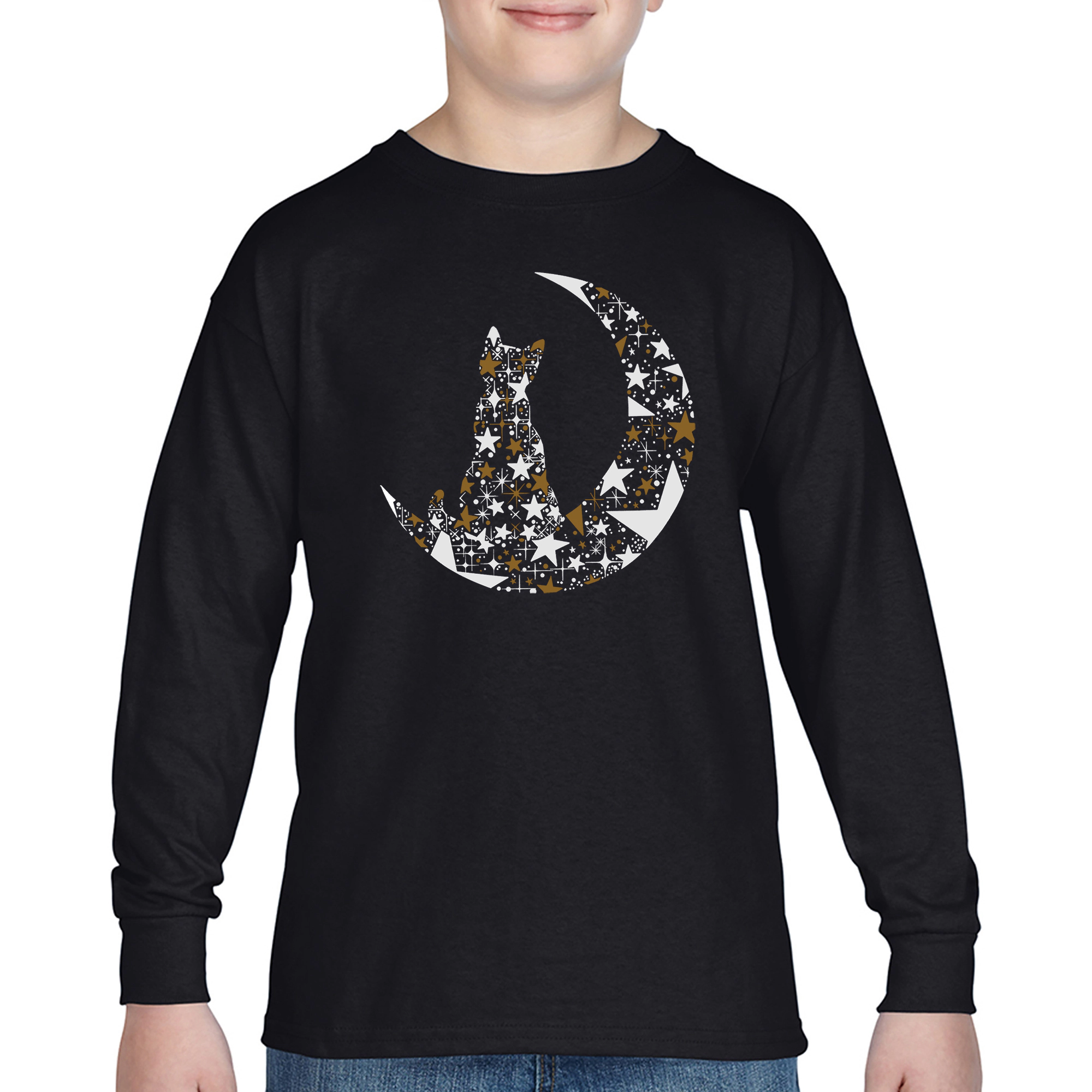 LA Pop Art Boys Long Sleeve T-Shirt - Cat Sitting On Moon