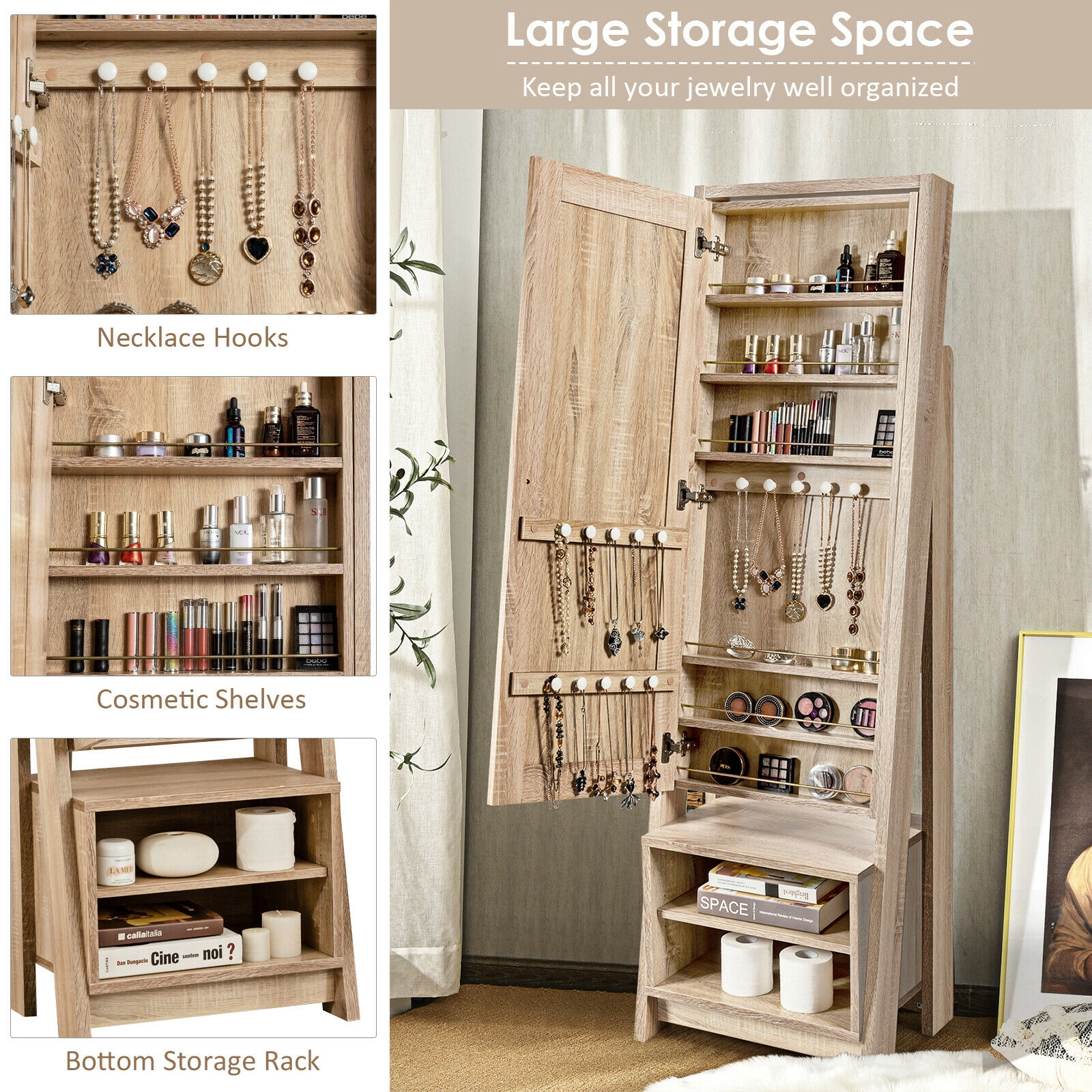 Slickblue 68 Inch Freestanding Jewelry Cabinet with Full-Length Mirror and Storage Shelves