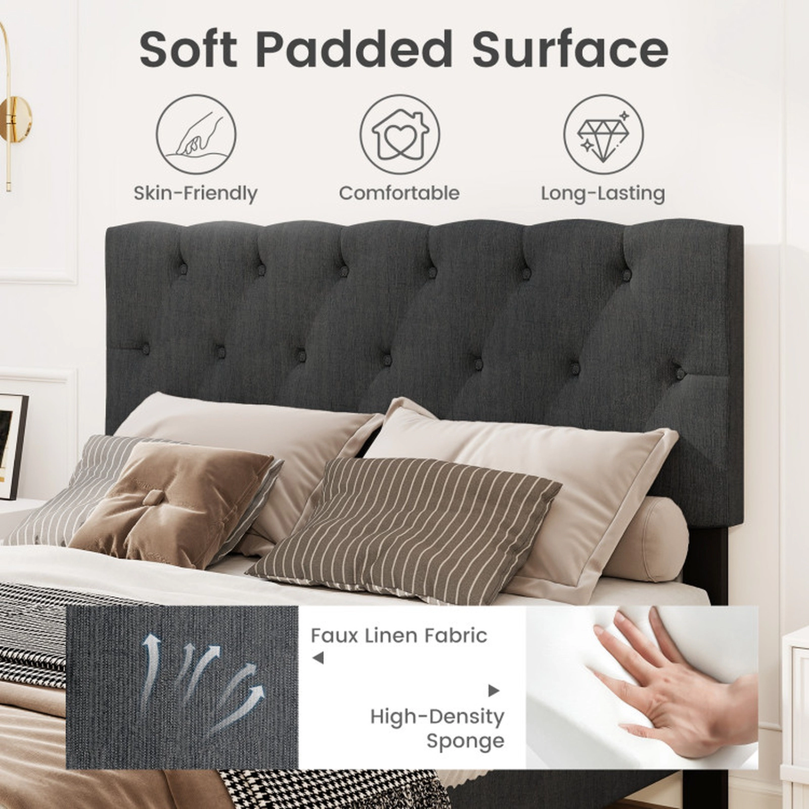 SUGIFT Upholstered Platform Bed with Tufted Headboard and Wooden Slats 800-lb Capacity Full Size Gray
