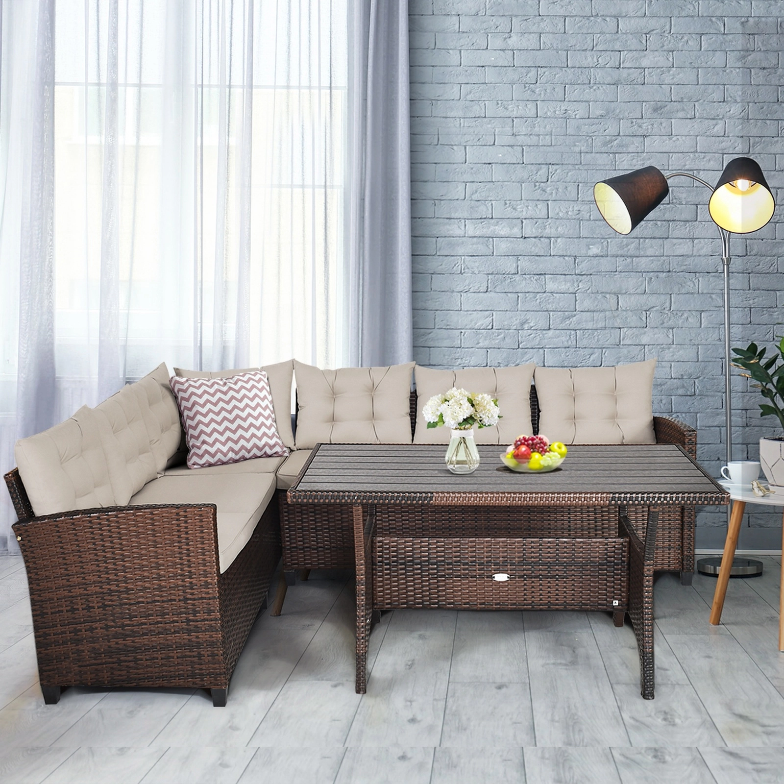 SUGIFT 51 in Dining Table 3-Piece Beige Hand-Woven Rattan Outdoor Sofa Set